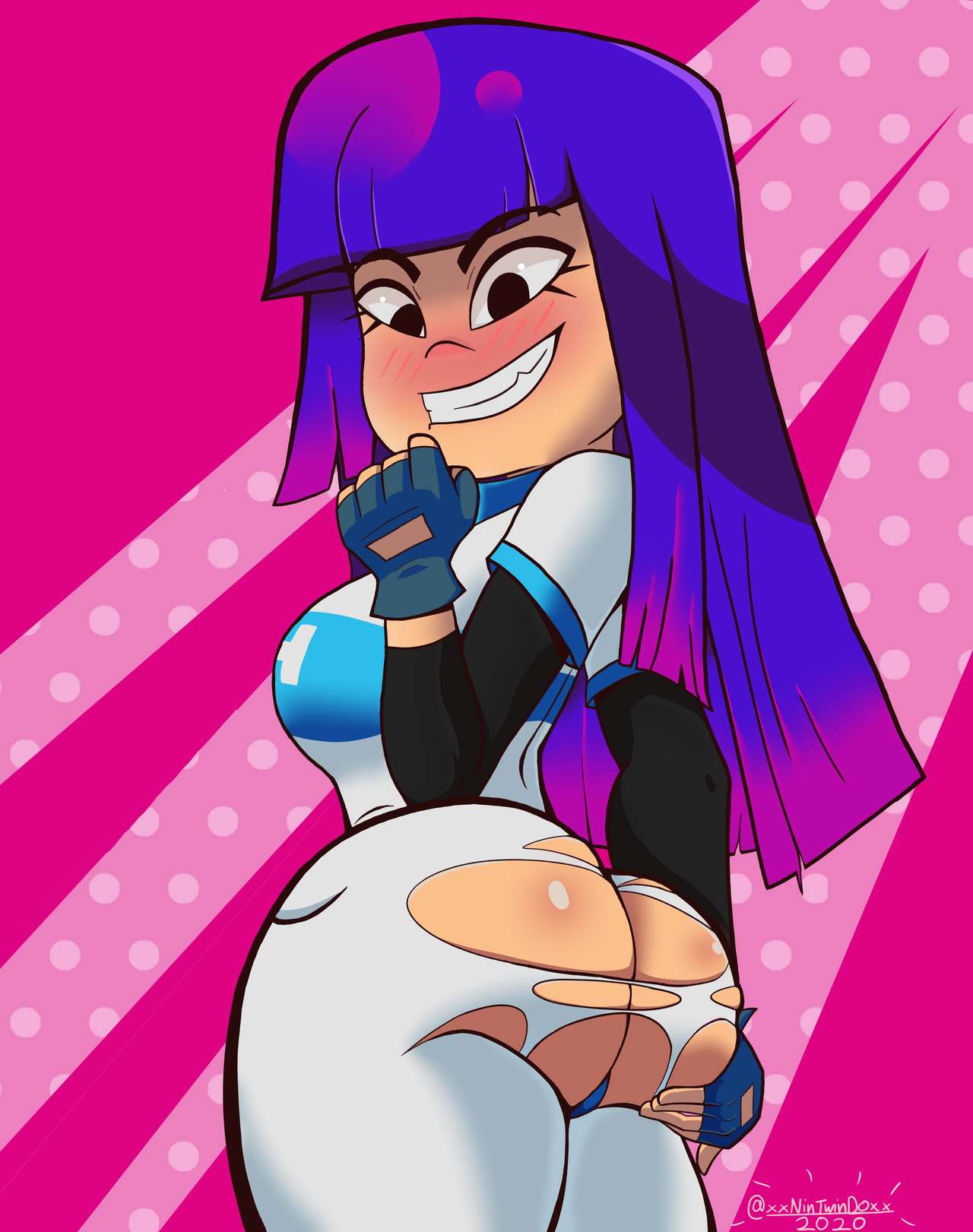 1girls, ass, ass support, big ass, black eyes, blue thong, blush, blushing, curvaceous, curvy, curvy figure, exposed ass, female, fingerless gloves, from behind, from below, glitch techs, gloves, hand on ass, large ass, long hair, looking back, looking down, miko kubota, naughty face, netflix, nickelodeon, nintwindo, partially clothed, pink background, pink hair, purple hair, simple background, smile, smiling, solo, thong, torn clothes, torn clothing, torn legwear, torn pants, twitter username, two-tone hair, voluptuous