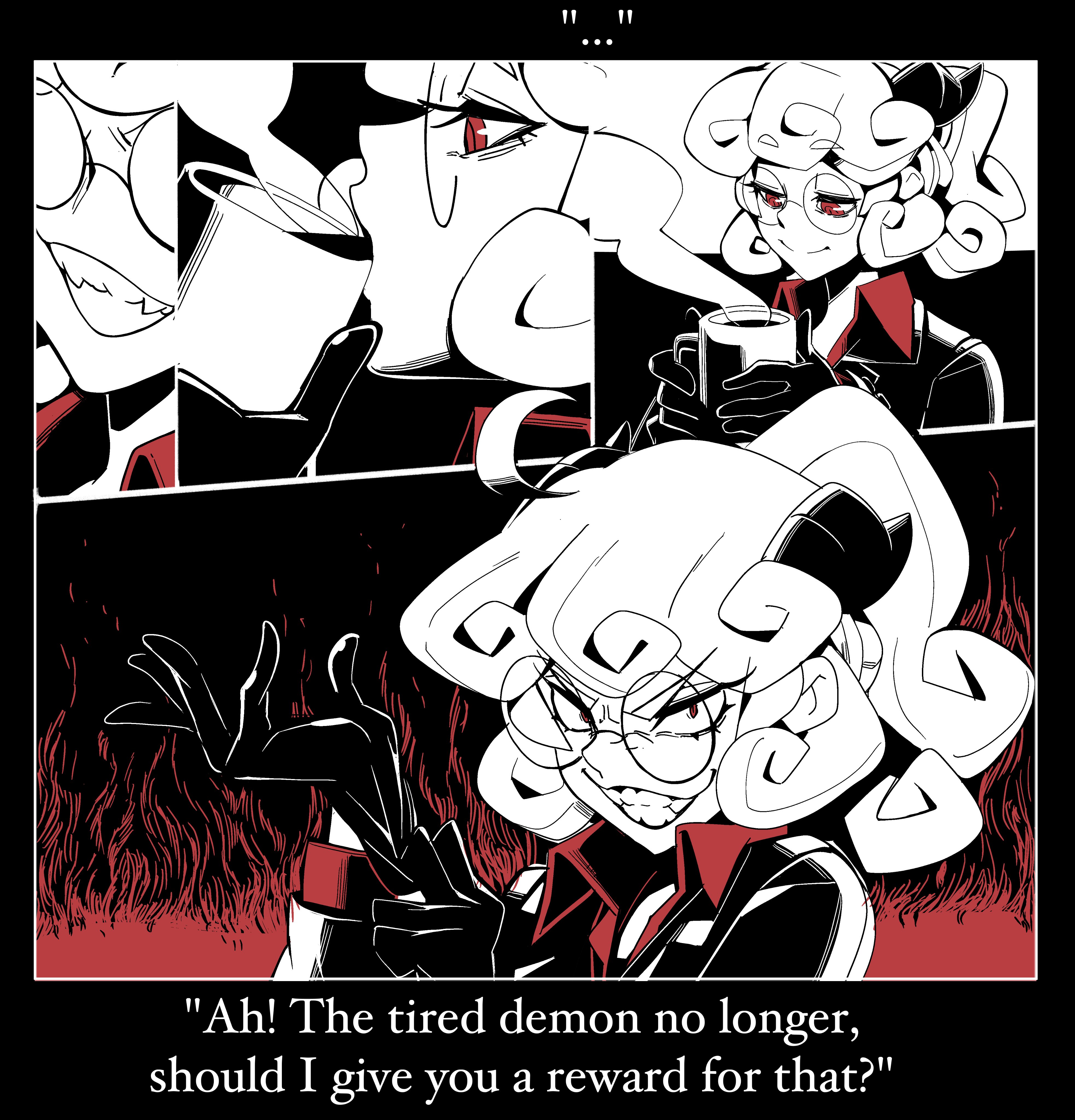 2020, big breasts, breasts, comic, demon, demon girl, female, helltaker, nisego, pandemonica (helltaker), thick thighs, wide hips