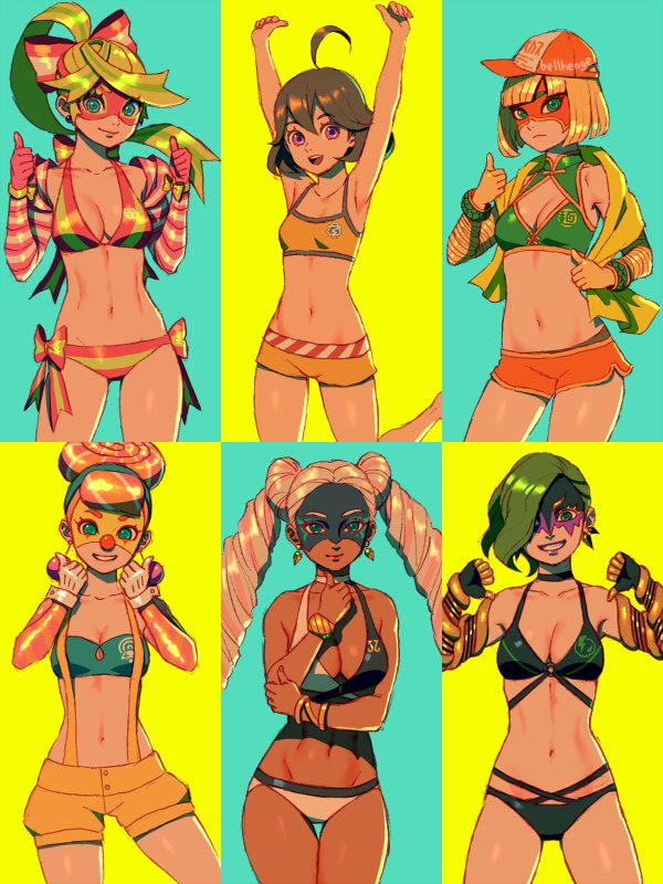 6+girls 6girls armpits arms_(game) arms_raised arms_up bellhenge belly_button bikini bikini_shorts blonde_hair blue_eyes bob_cut breasts brown_hair brown_skin cleavage clown clown_girl clown_makeup collarbone dark-skinned_female dr._coyle female female_focus female_only green_eyes green_hair hat light-skinned_female light_skin lola_pop mask masked mechanica min_min_(arms) multiple_girls navel nintendo orange_shorts purple_eyes ribbon_girl short_hair shorts stomach straight_hair striped_bikini suspenders swimsuit tummy twintelle yellow_bikini_shorts yellow_hair yellow_shorts yellow_swimsuit