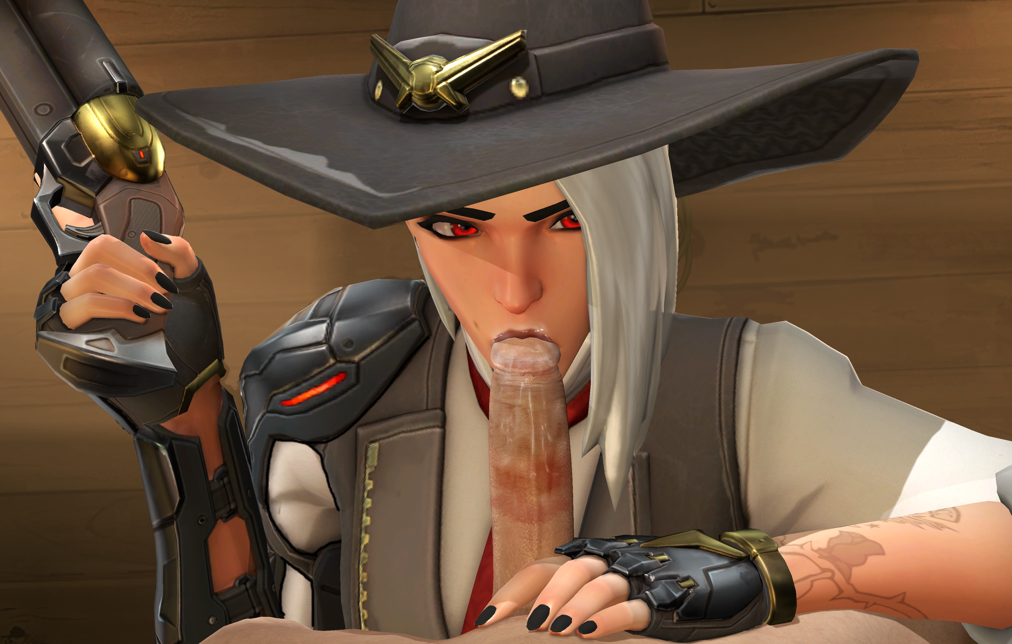 1girls, 3d, ashe (overwatch), blizzard entertainment, blowjob, cum, cum in mouth, deepthroat mark, eye contact, eyelashes, eyeshadow, fellatio, female, fingerless gloves, gun, hat, light skin, lipstick, lipstick mark, lipstick on penis, male, medium hair, oral, overwatch, overwatch 2, penis, pov, red eyes, red lipstick, rwt4184, saliva, saliva trail, slim, straight, tattoo, unseen male face, white hair