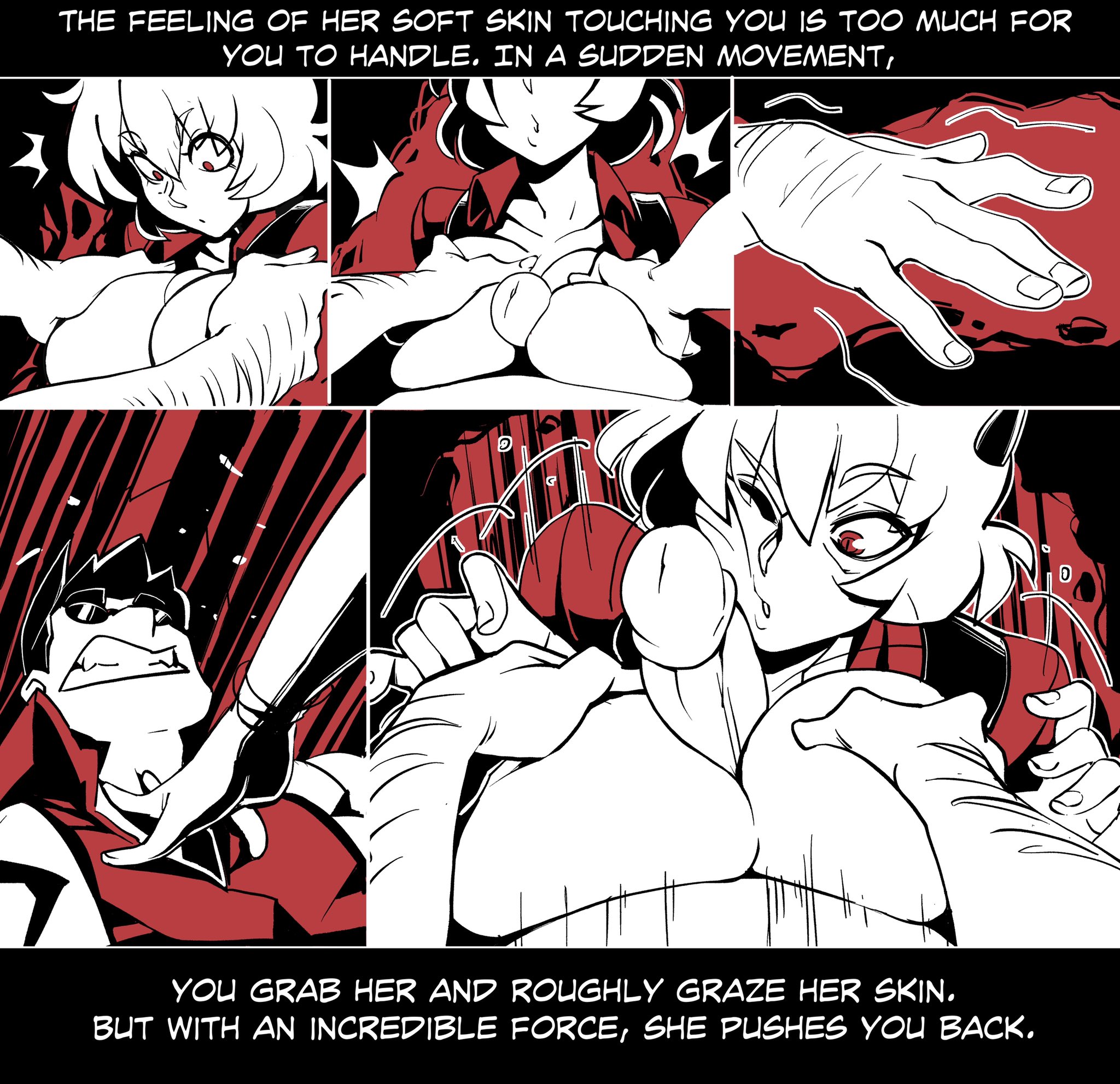 1boy, 1girls, 2020, alternate breast size, big breasts, breasts, comic, demon, demon girl, female, helltaker, helltaker (character), huge breasts, large breasts, male, malina (helltaker), nisego, paizuri, shocked expression, straight, thick thighs, wide hips