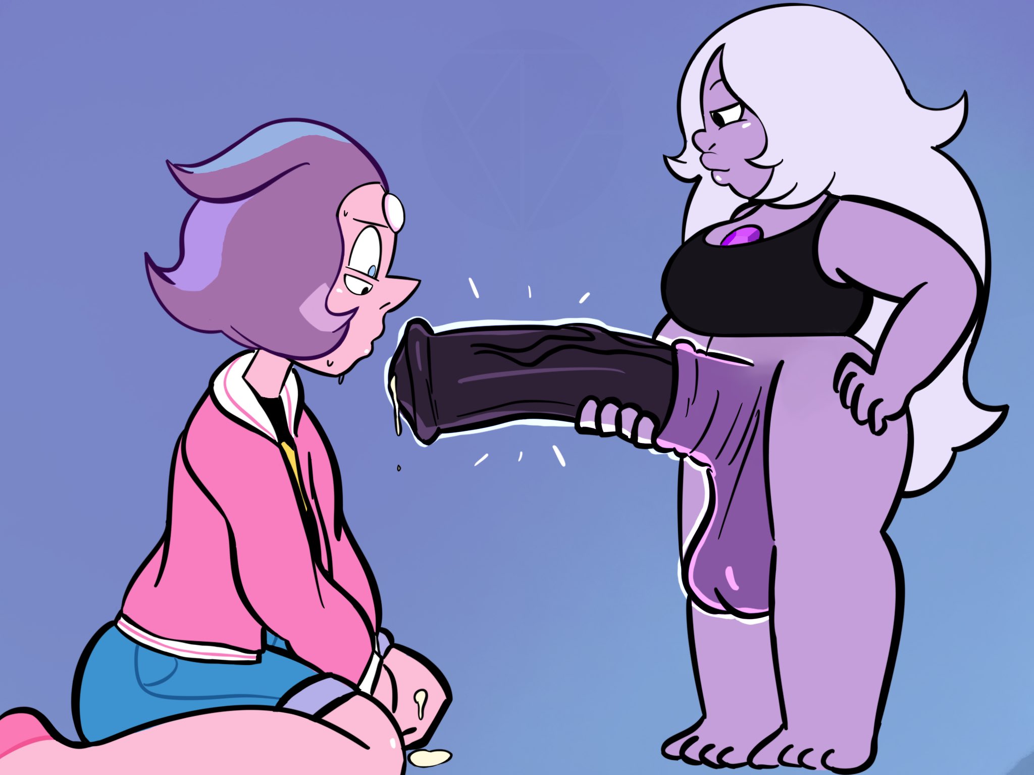 1futa, 4 eyes, ambiguous gender, amethyst (steven universe), balls, big breasts, breasts, equine penis, futa is bigger, futanari, gem fusion, horsecock, huge cock, imminent fellatio, imminent oral, intersex, j0xciv, kneeling, long hair, medial ring, multi eye, penis, precum, rainbow quartz 2.0, steven universe, white hair
