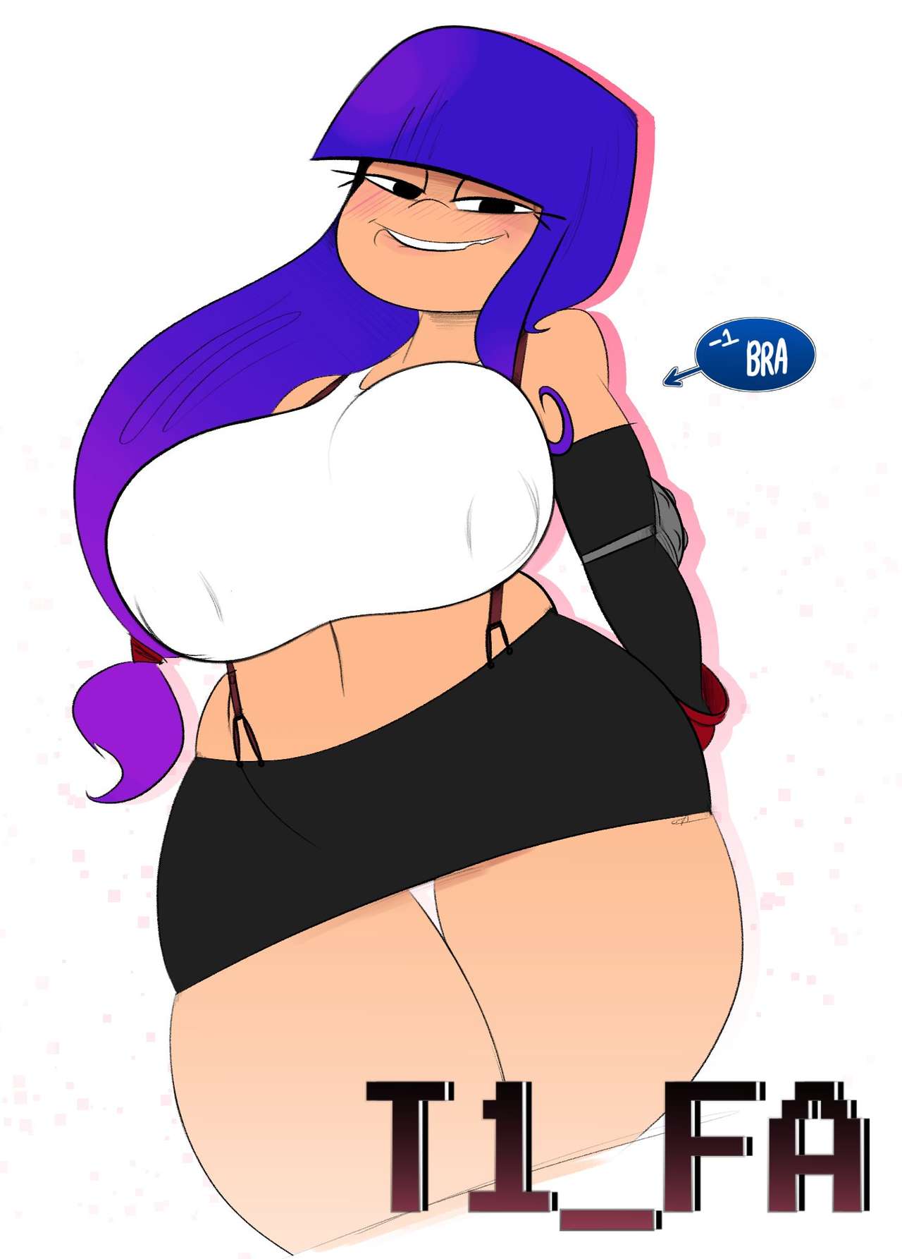 1girls, armwear, biting lip, black skirt, blue hair, blush, breasts, chubby, clothing, cosplay, crossover, female, final fantasy, final fantasy vii, glitch techs, grin, huge breasts, large breasts, midriff, miko kubota, miniskirt, netflix, nickelodeon, nipple bulge, no bra, ombre hair, ota (artist), slightly chubby, thunder thighs, tifa lockhart (cosplay), white topwear