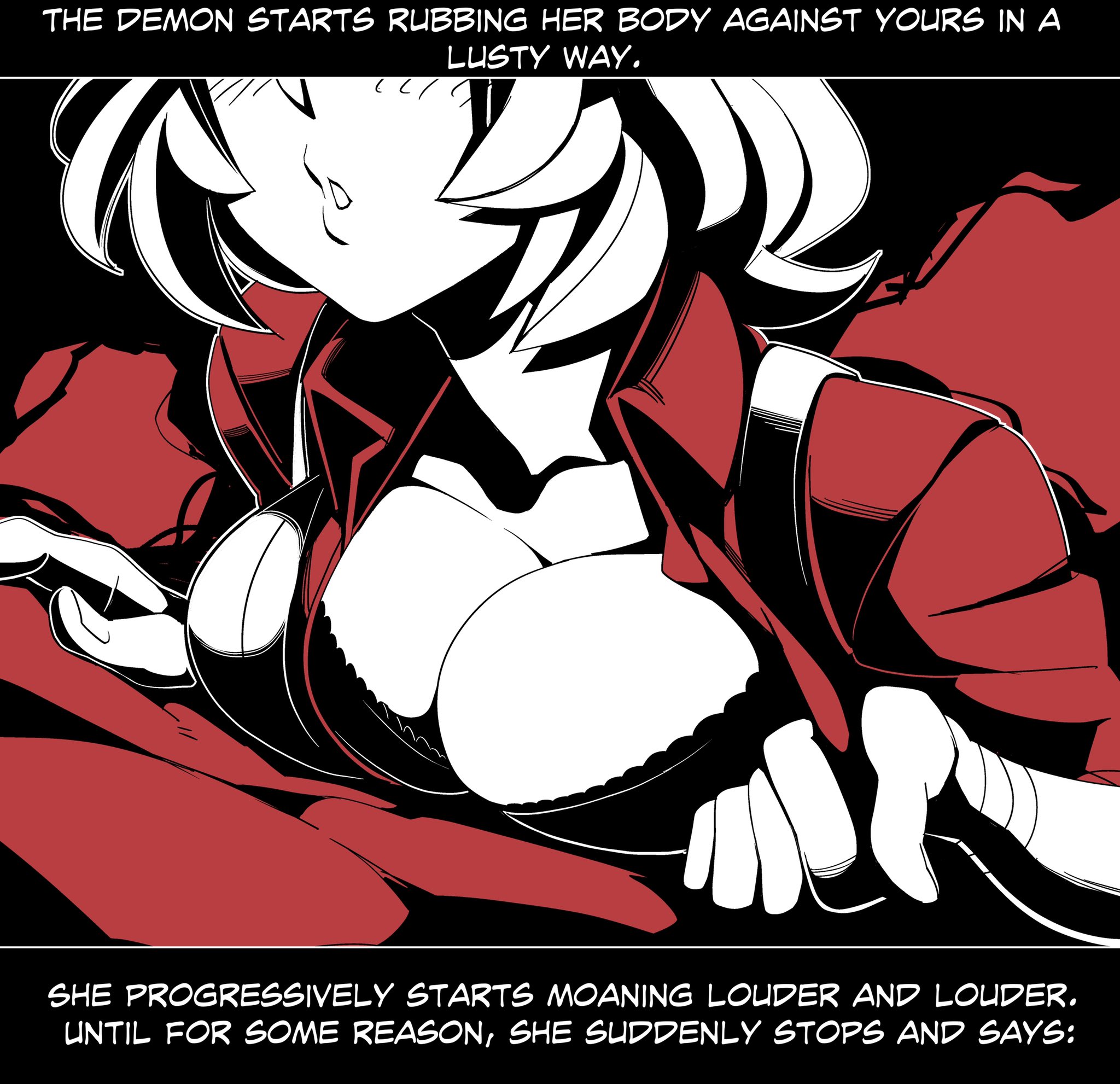 2020, big breasts, blush, bra, bra peek, breast focus, breasts, cleavage, comic, demon, demon girl, female, female focus, helltaker, malina (helltaker), nisego, no eyes, open mouth, pulled by self, revealing breasts, rubbing, shirt pull, text, thick thighs, white hair, wide hips