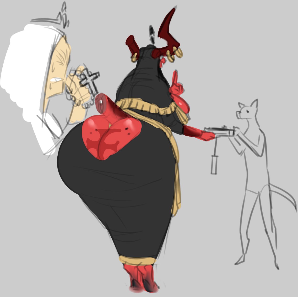 1girls, 2boys, anthro, ass, breasts, cross, cut tail, demon, dongwongtang, female, horn, huge ass, huge breasts, hyper bimbo, looking at another, male, original, priest, red skin, robe, tail, talking to another, tattoo