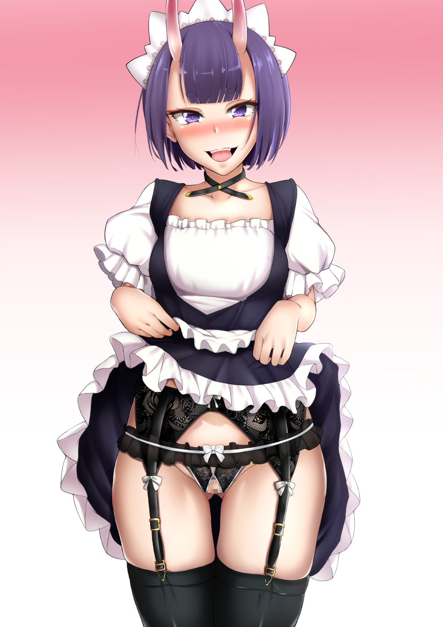 alternate_costume apron bangs blunt_bangs blush bob_cut bow breasts censored choker collarbone commentary_request cowboy_shot crotchless crotchless_panties dress enmaided eyelashes eyeliner fate/grand_order fate_(series) female frilled_dress frills garter_straps gradient gradient_background highres horns lc_7v2 lifted_by_self lingerie looking_at_viewer maid maid_apron maid_headdress makeup medium_hair oni oni_horns open_mouth panties pink_background puffy_short_sleeves puffy_sleeves purple_eyes purple_hair shiny shiny_hair short_sleeves shuten_douji_(fate) skin-covered_horns skindentation skirt skirt_lift small_breasts solo thighhighs underwear white_background