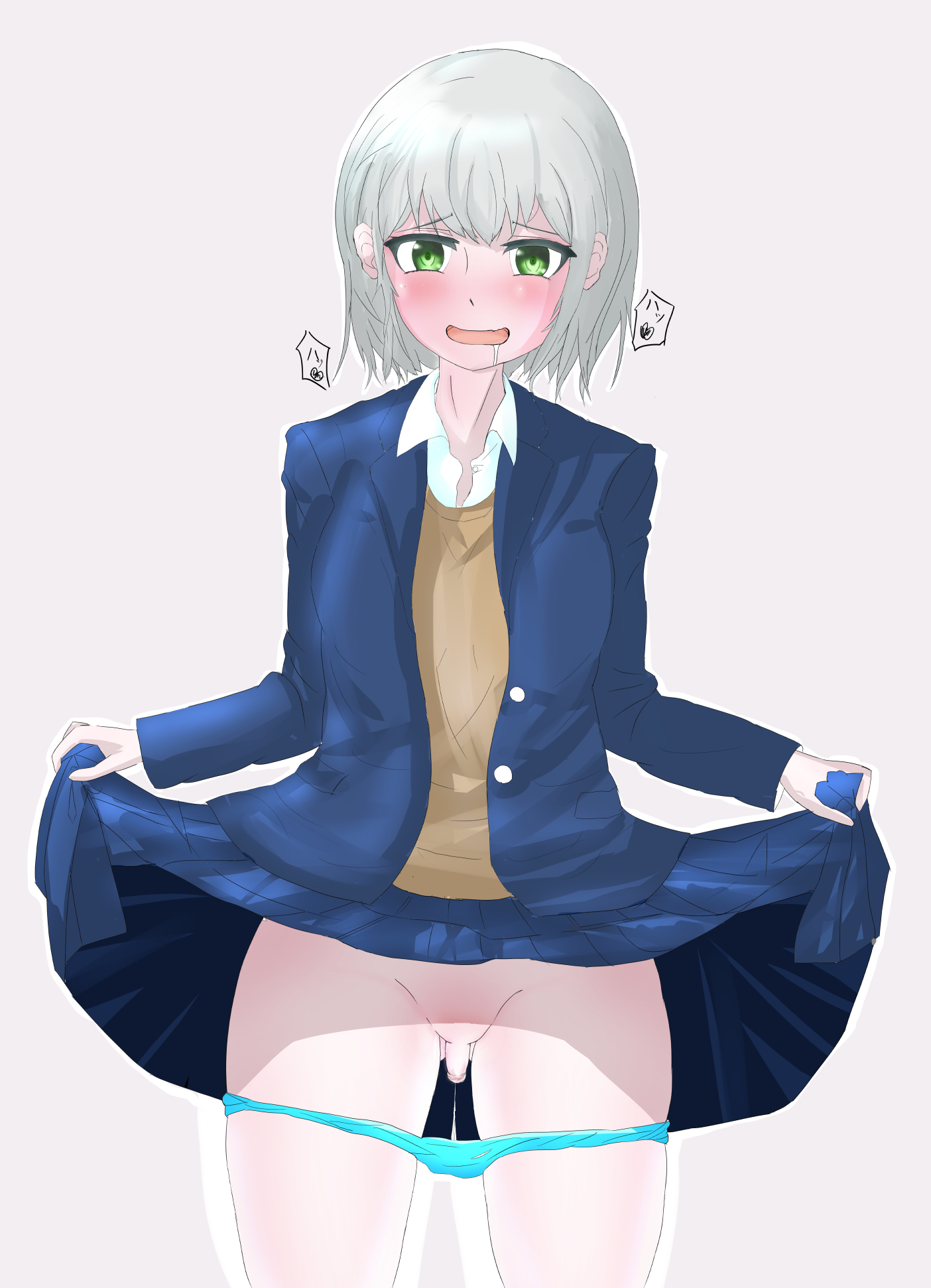 1boy, androgynous, bottomless, boy, embarrassed, femboy, flaccid, green eyes, looking at viewer, male, micropenis, panties, panties around leg, panties down, penis, red cheeks, sissy, small penis, solo, thighs, trap, upskirt, white hair