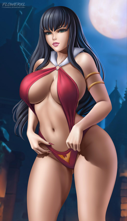 1girls, big breasts, breasts, cleavage, female, female only, flowerxl, large breasts, looking at viewer, one-piece swimsuit, pinup, solo, swimsuit, vampirella, vampirella (series), wide hips