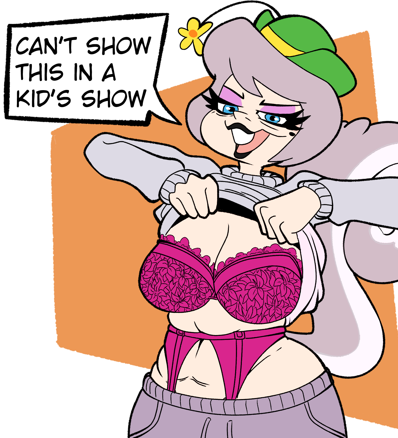1girls, animaniacs, artist request, bra, casual, clothed, clothed female, clothing, female, female focus, female only, gilf, grey hair, headwear, human, humanized, pale skin, shirt, shirt lift, slappy squirrel, solo, solo female, solo focus, sweat pants, tagme