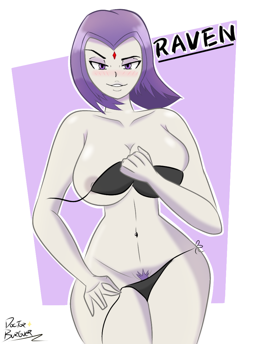 1girls, big breasts, bikini, breasts, dc, dc comics, doctorbuguer, female, grey skin, pubic hair, purple background, purple eyes, purple hair, rachel roth, raven (dc), straight hair, teen titans