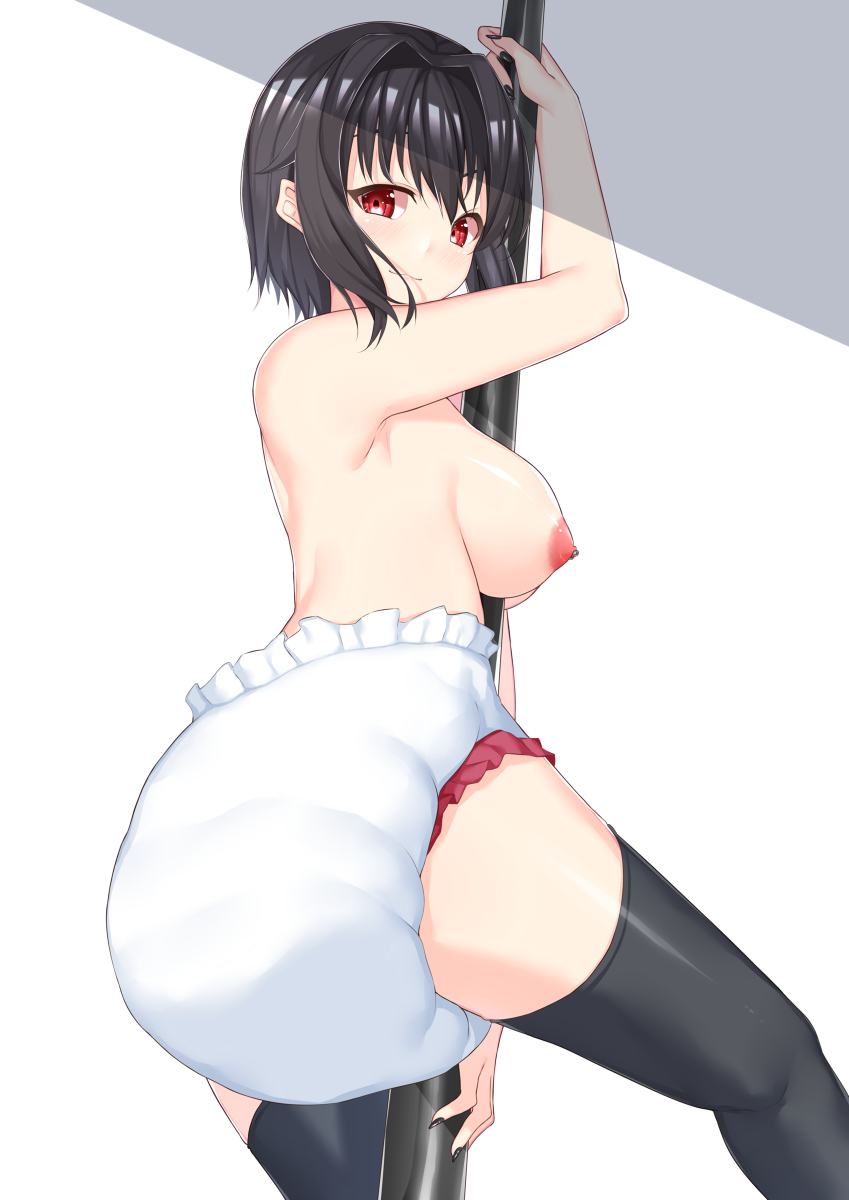 black hair, diaper, original character, red eyes, stripper pole, thighhighs, yuhi-tan