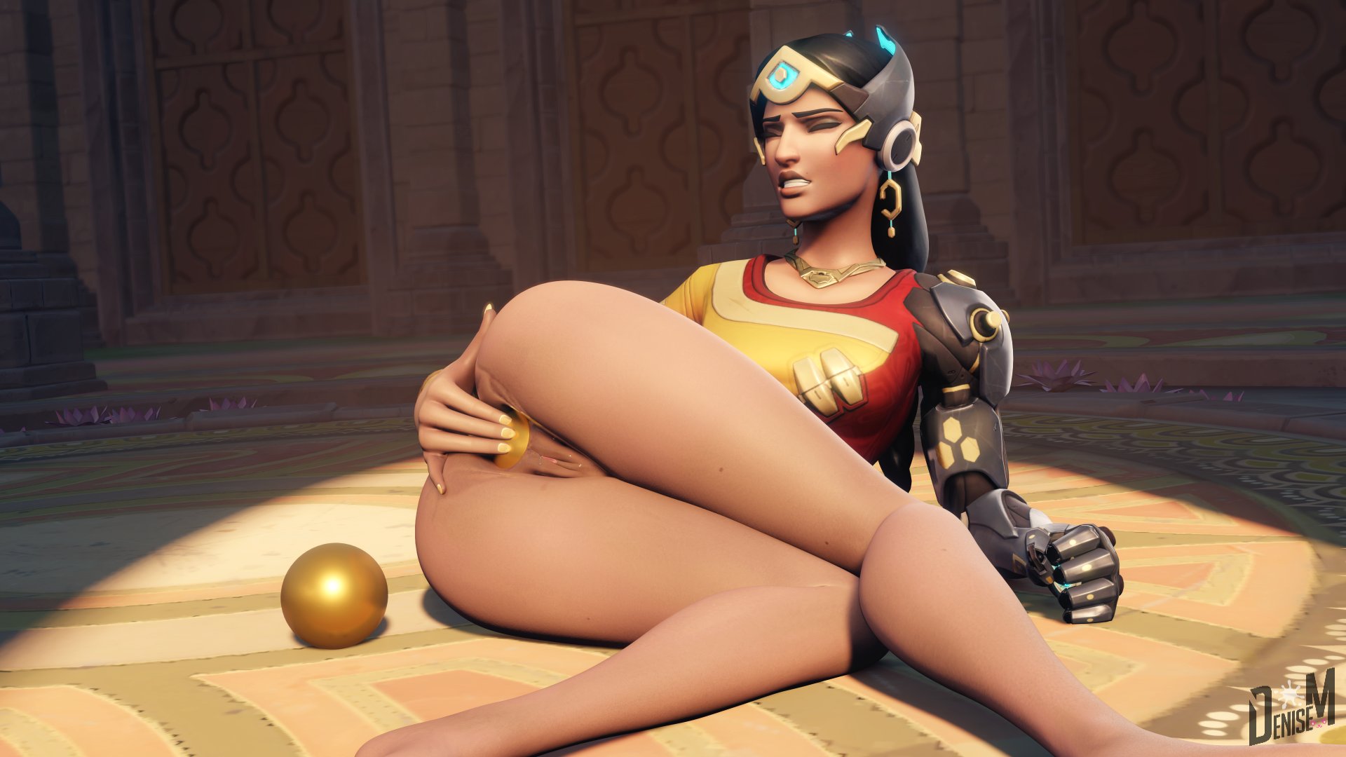 3d, anal insertion, anal masturbation, balls, bionic arm, blizzard entertainment, brown skin, clenched teeth, closed eyes, crown, dark hair, dark skin, dark-skinned female, denisem, earrings, female, headgear, indian, male, necklace, overwatch, partially clothed, partially nude, pussy, solo female, symmetra, tagme, yellow nail polish, yellow nails