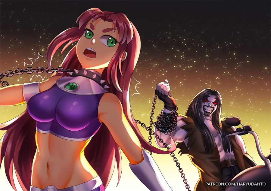 abs, black hair, captured, chains, dc, dc comics, female, green eyes, haryudanto, lobo (dc), male, red eyes, red hair, restrained, spiked collar, starfire, teen titans