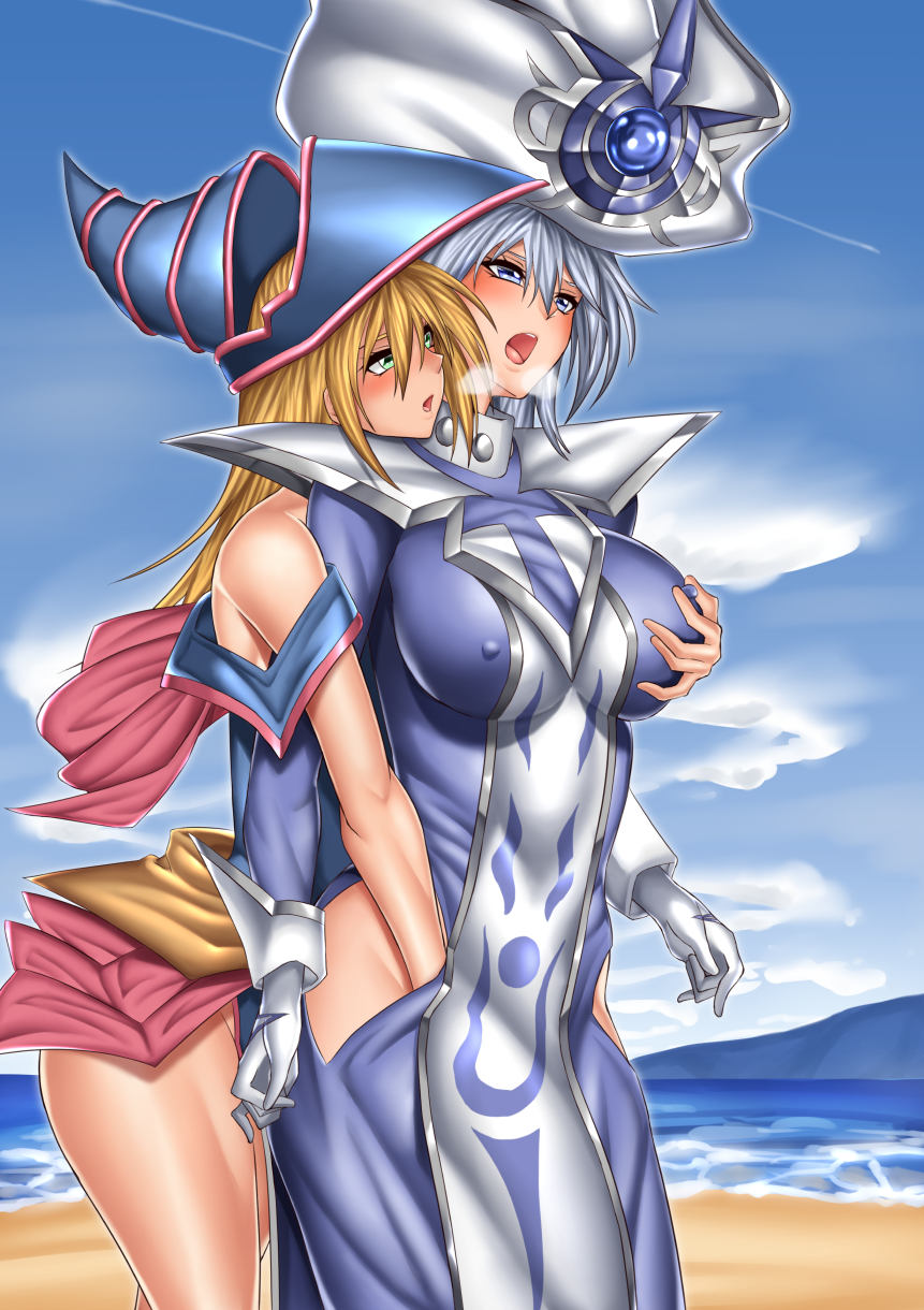 2girls 60lyra bare_shoulders beach blonde_hair blue_eyes blush breast_grab breasts clothing dark_magician_girl duel_monster erect_nipples erect_nipples_under_clothes female female_only fingering grabbing green_eyes highres large_breasts long_hair multiple_girls open_mouth shounen_jump silent_magician standing yu-gi-oh! yuri