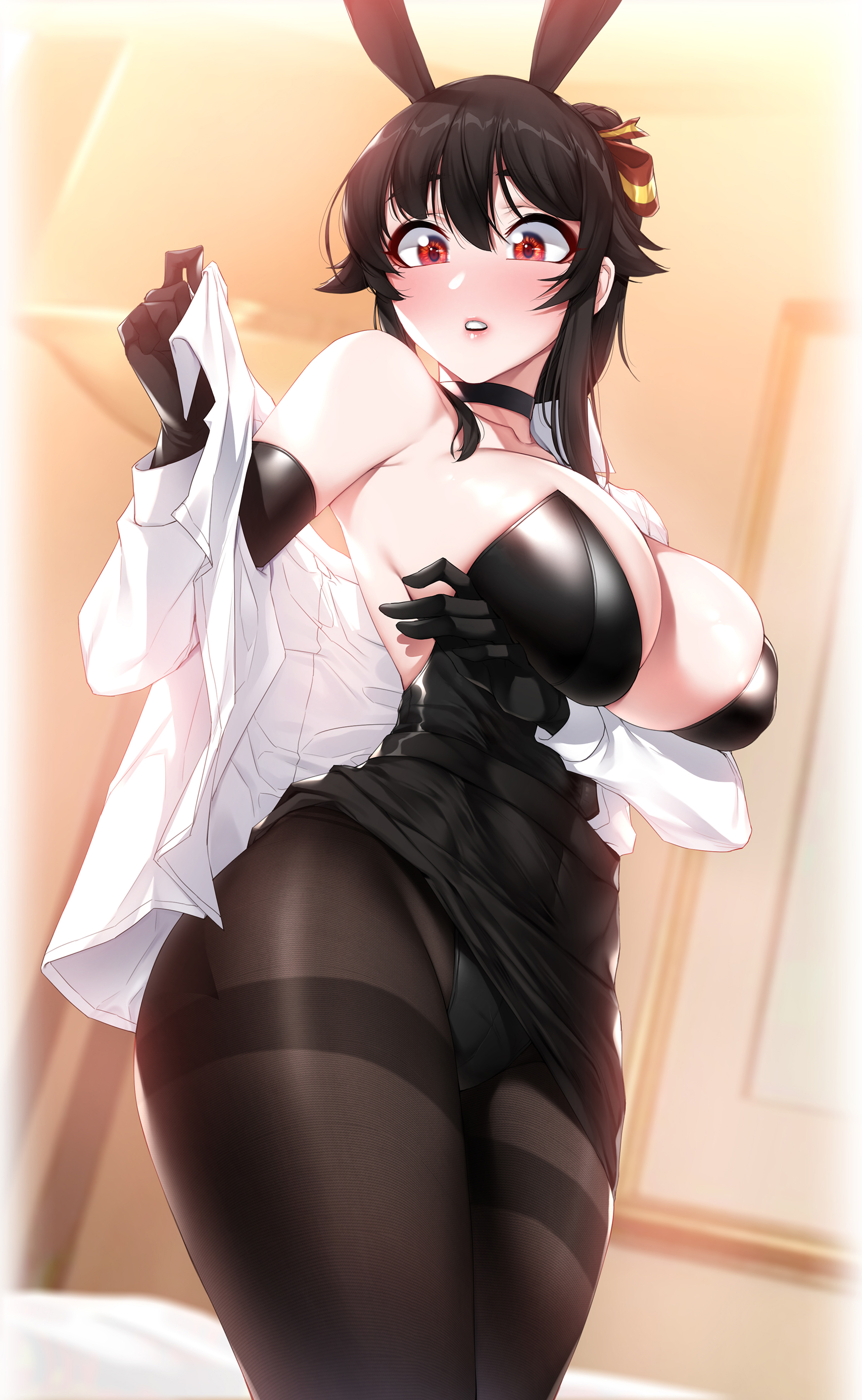 1girls, akchu, arm gloves, black hair, blush, breasts, bunny ears, bunny girl, bunnysuit, chobi (akchu), choker, cleavage, female, female only, original, panties under pantyhose, pantyhose, red eyes, shirt, shirt down, side view, sideboob, solo, thick thighs, tied hair, very high resolution