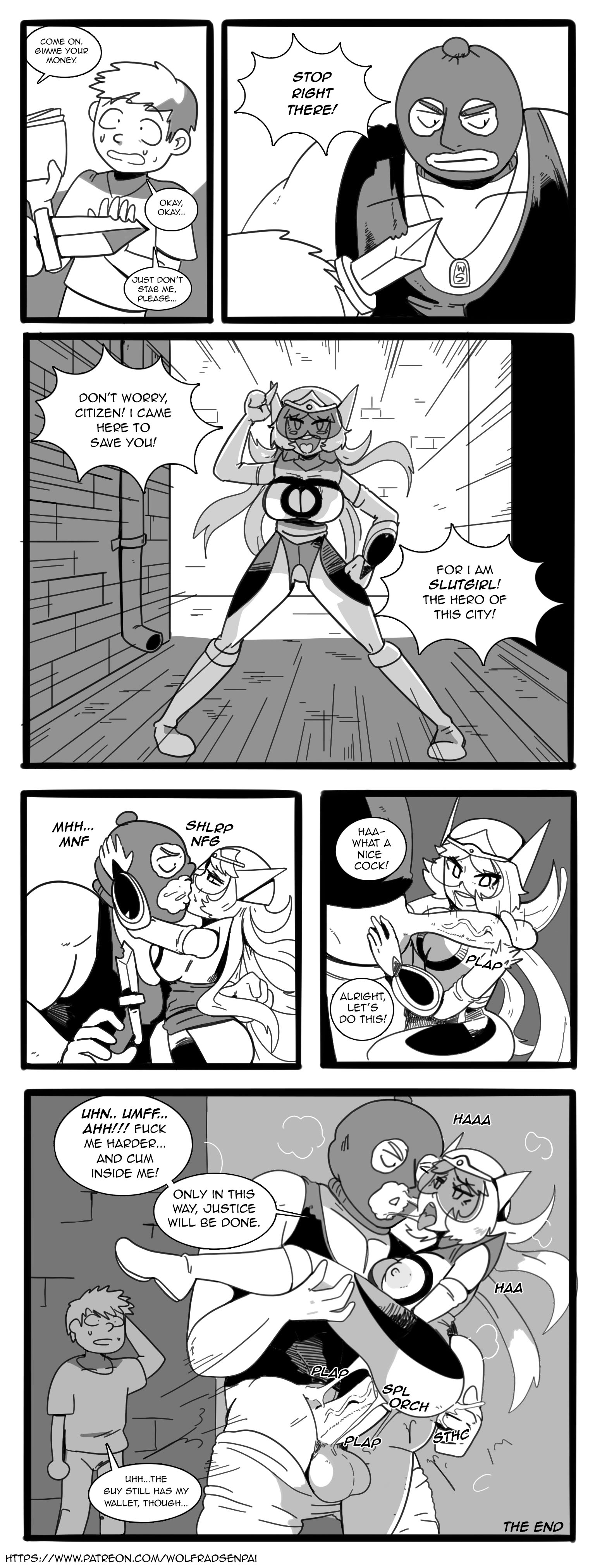 1girls, 2boys, absurd res, areolae, balls, breasts, comic, dialogue, english text, female, holding leg, kissing, male, monochrome, nipples, one leg up, penetration, penis, penis on shoulder, pussy, superheroine, text bubble, vaginal penetration, wolfgang bang