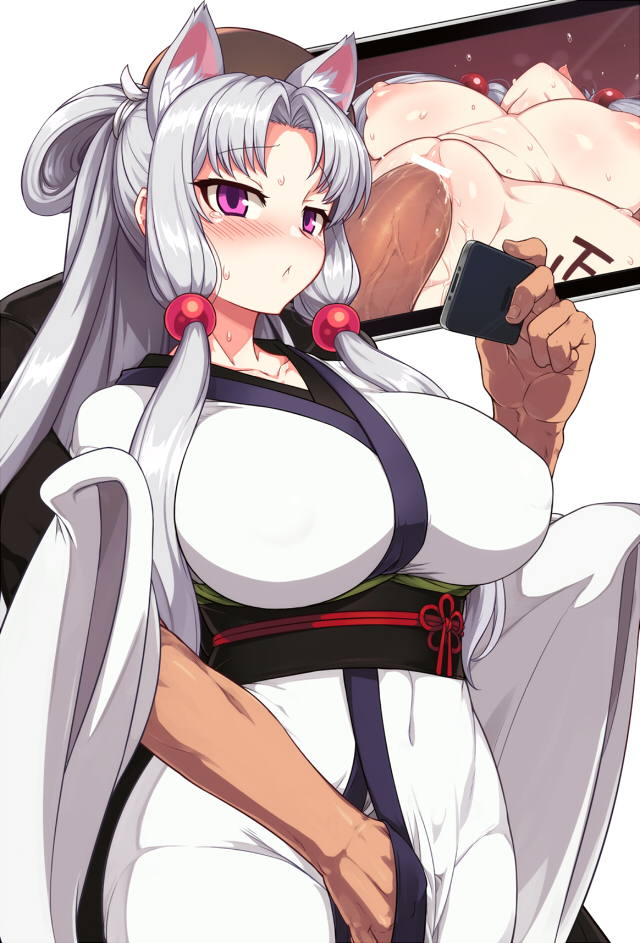 animal_ears blush breasts covered_navel embarrassed female fully_clothed groin groping japanese_clothes large_breasts long_hair looking_at_phone masturbation null_(nyanpyoun) phone phone_screen purple_eyes sidelocks simple_background sleeveless solo tail touhoku_itako very_long_hair voiceroid white_background