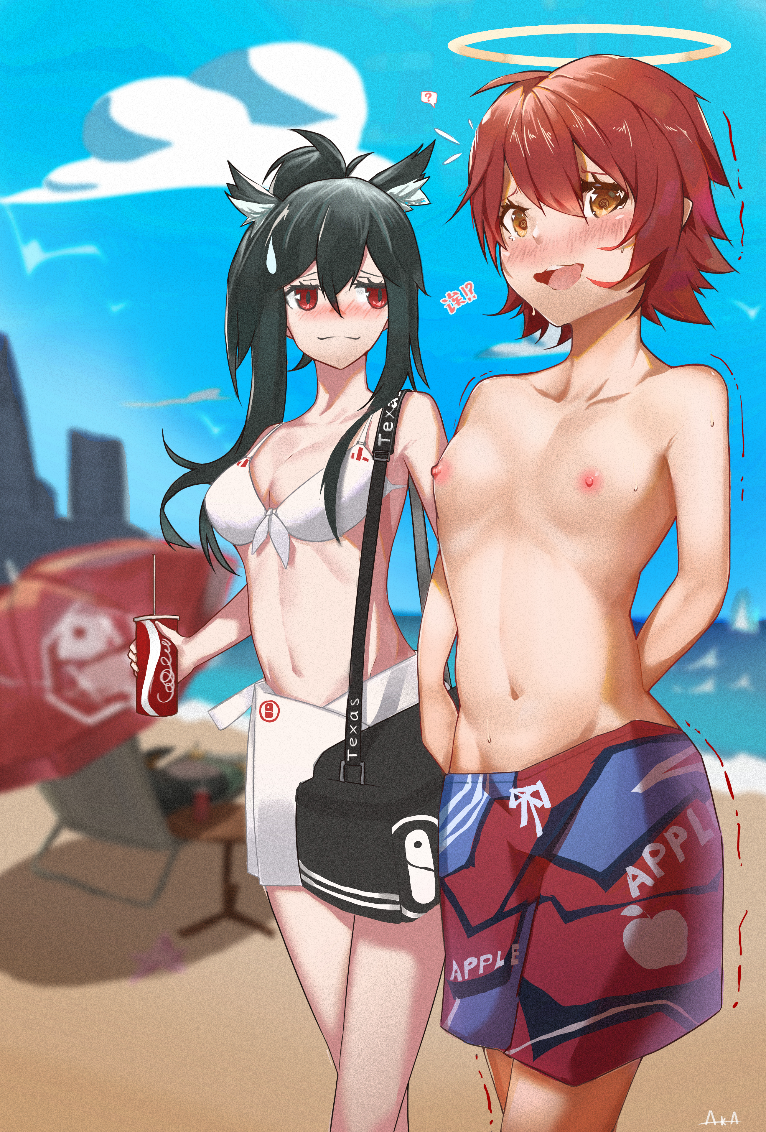 2girls, amber eyes, animal ears, areolae, arknights, bag, bare shoulders, beach, black hair, blush, bra, breasts, cloud, collarbone, embarrassed, exposed breasts, exusiai (arknights), female, female only, flat chest, grin, halo, hands behind back, highres, kurenai aka, long hair, looking at another, male, male swimwear challenge, medium breasts, navel, nipples, no bra, open mouth, orange eyes, red eyes, red hair, sea, short hair, small breasts, smile, soda, spoken question mark, sweat, swimming trunks, swimsuit, texas (arknights), tomboy, topless, trembling, umbrella, wavy mouth, white bra, worried