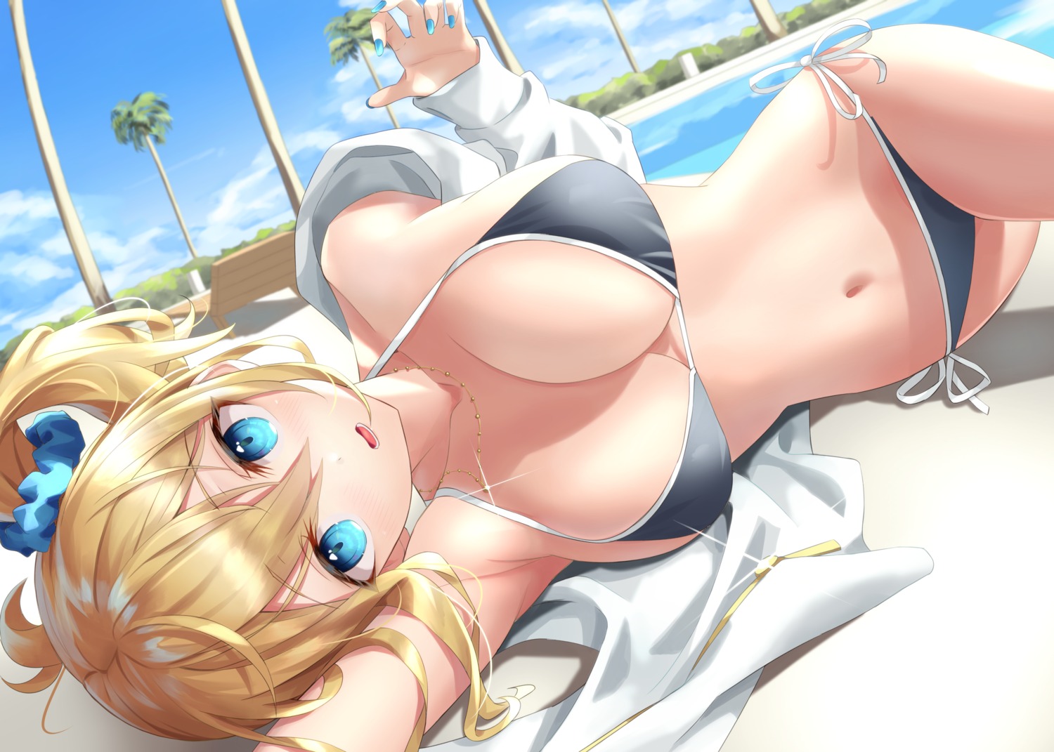 1girls, big breasts, bikini top, black bra, black legwear, black panties, blonde hair, blue eyes, blue nails, breasts, breasts out, female, hayasaka ai, kaguya-sama wa kokurasetai ~tensai-tachi no renai zunousen~, laying down, looking at viewer, nail polish
