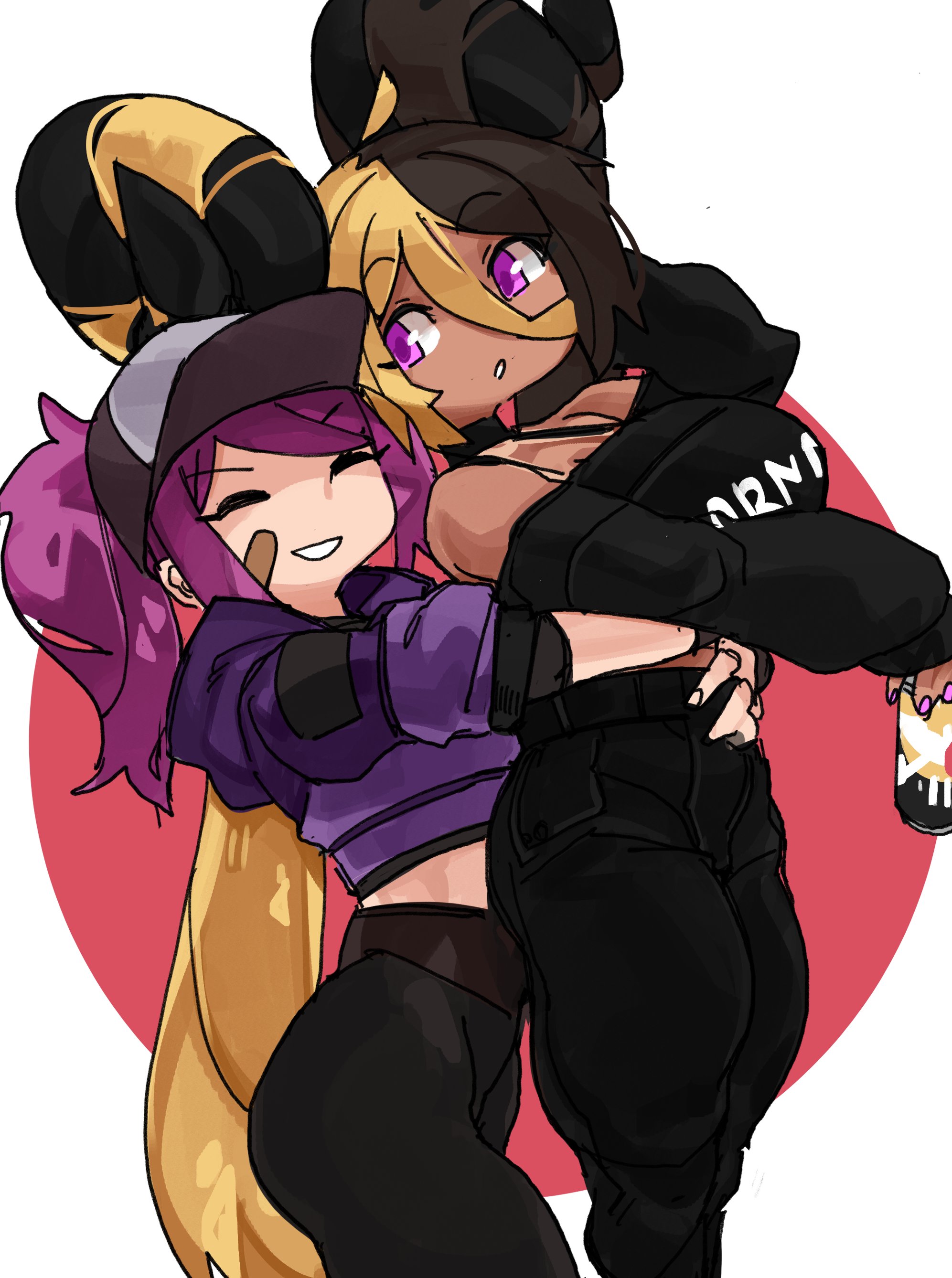 :o, 2girls, ahoge, aife (zanamaoria), bandage on face, bare shoulders, baseball cap, big horns, blonde hair, brown hair, can, choker, closed eyes, clothed, clothing, curved horn, demon, female, female only, hair on horn, holding, holding can, horns, lifting, lifting person, long hair, looking at another, original, original character, pink eyes, pink hair, pink nails, ponytail, sleeves rolled up, smile, succubus, tan skin, tanline, two-tone hair, very high resolution, zanamaoria