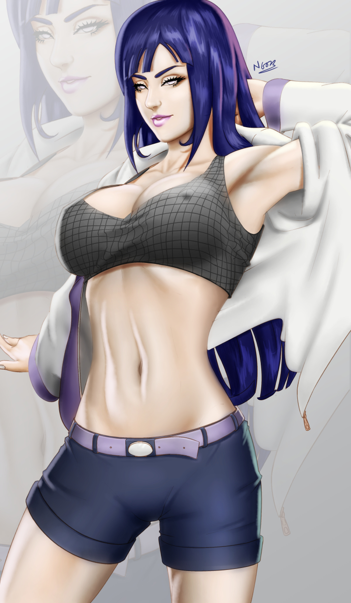 1girls, arm behind head, armpits, bangs, breasts, cleavage, erect nipples, female, female only, fishnet top, fishnets, hoodie, hyuuga hinata, hyuuga hinata (naruto: road to ninja), jacket, large breasts, lipstick, long hair, makeup, midriff, n6023, naruto, naruto (series), naruto shippuden, naruto: road to ninja, nipples, open clothes, posing, purple hair, reflection, shorts, solo, violet eyes, visible nipples, zoom layer