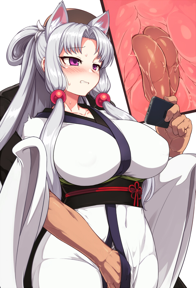 animal_ears blush breasts covered_navel cross_section female fingernails fully_clothed grabbing grabbing_from_behind groin heavy_breathing japanese_clothes large_breasts long_hair masturbation null_(nyanpyoun) purple_eyes sidelocks simple_background sleeveless solo tail touhoku_itako very_long_hair voiceroid white_background x-ray