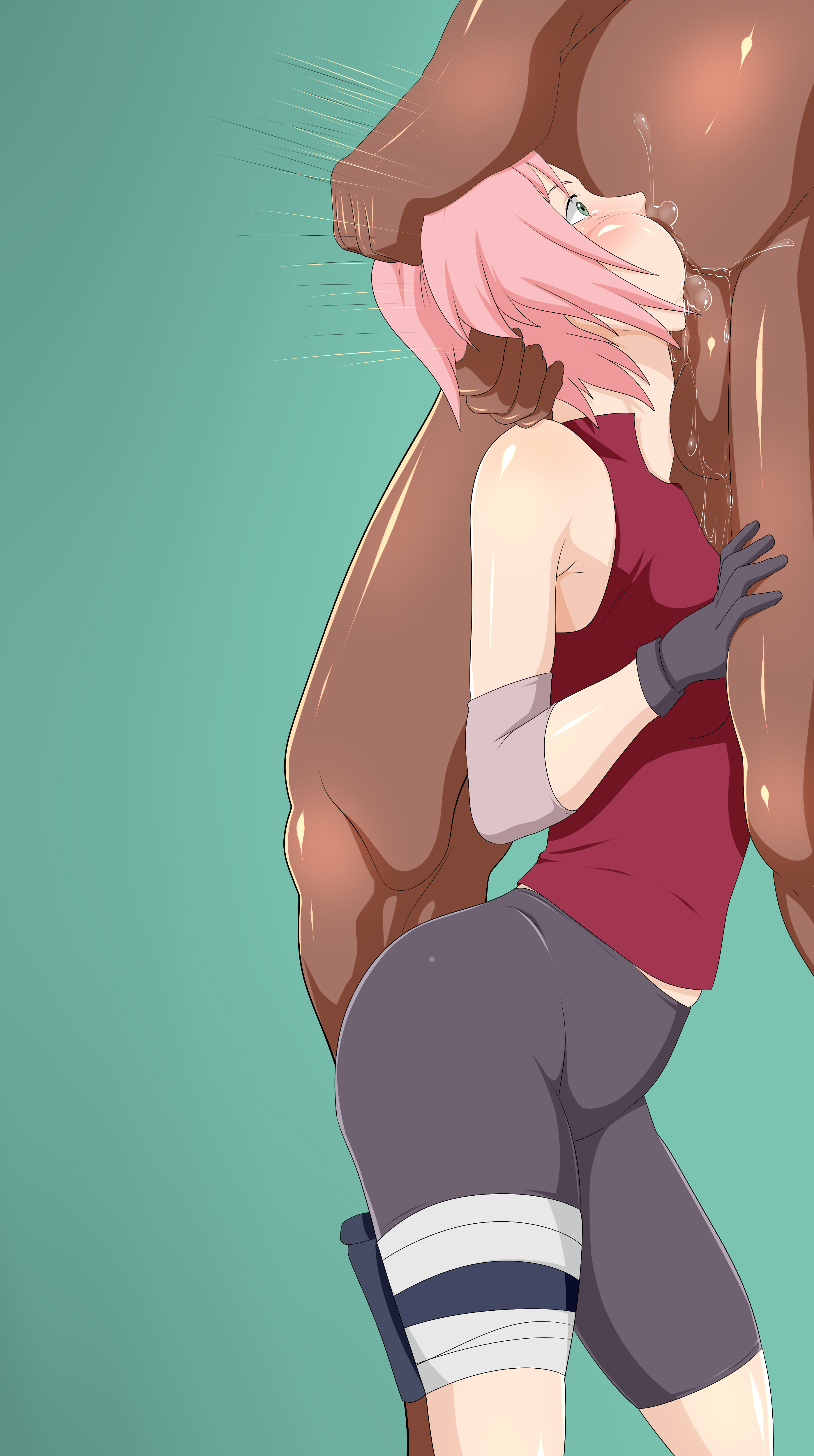1girls, artist request, ass, bike shorts, breasts, cheek bulge, cum in throat, dark skin, dark-skinned male, deepthroat, diadem, female, forced deepthroat, gag, gagging, green eyes, head grab, interracial, large penis, long penis, male, medium hair, naruto, naruto (series), naruto shippuden, open eyes, oral, pale skin, penis, pink hair, sakura haruno, saliva, saliva trail, slim, small breasts, surprised, teenager, throat abuse, throat bulge, wide eyed
