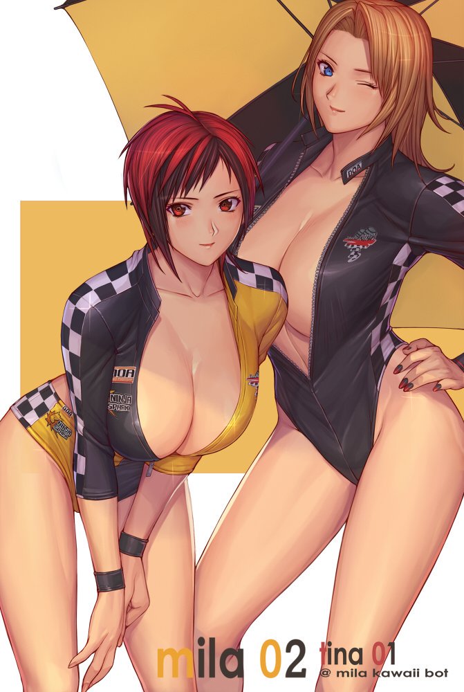 2girls, black hair, blonde hair, blue eyes, breasts, dead or alive, female, female only, hand on hip, hazel eyes, huge breasts, ibanen, leaning forward, leather jacket, long hair, mila (doa), multiple females, multiple girls, open jacket, red hair, seductive, short hair, tina armstrong, umbrella, voluptuous, wink