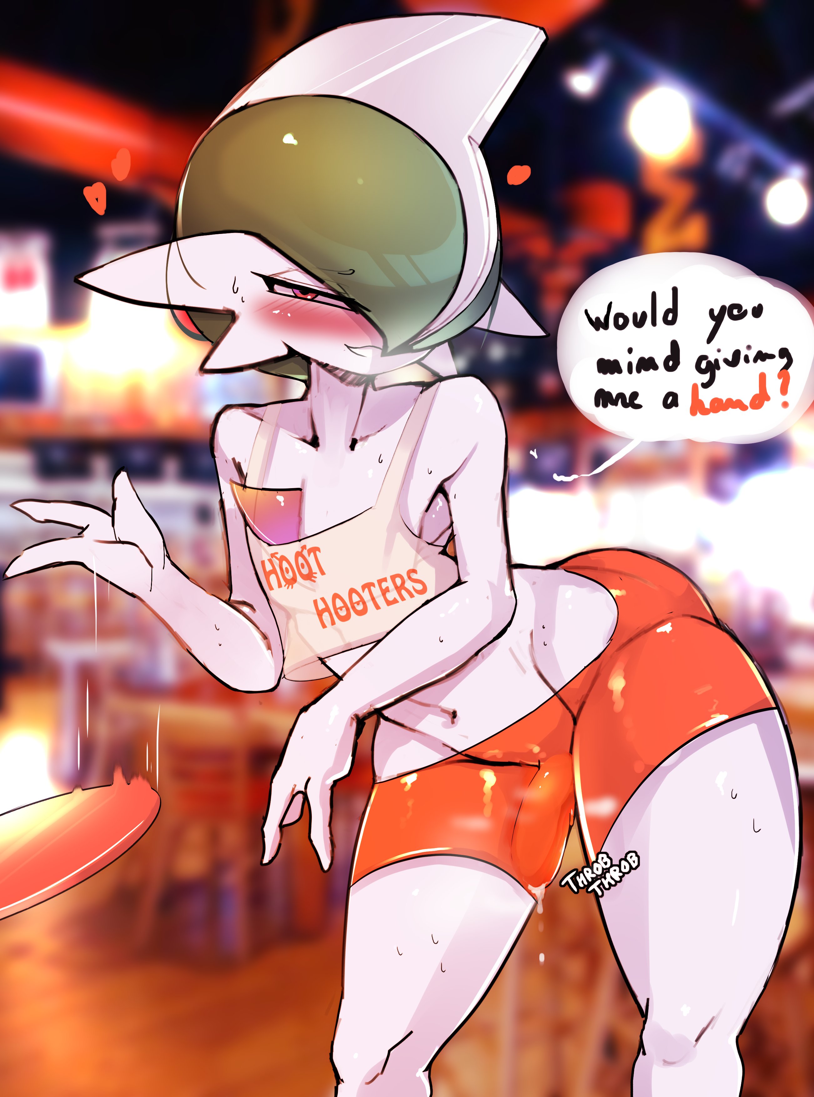blush, erect penis, erection under clothes, femboy hooters, gallade, hooters, hooters uniform, looking at viewer, male, male focus, male only, penis, penis under clothes, pokémon (species), pokemon, pokemon (species), precum, precum drip, short hair, wide hips, wide thighs