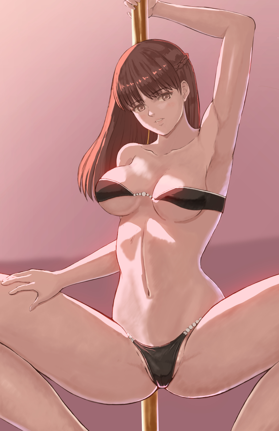 arm_up armpits bangs bare_arms bare_shoulders bikini black_bikini braid breasts brown_eyes brown_hair collarbone dancer dancing dead_or_alive dead_or_alive_xtreme_beach_volleyball eyebrows_visible_through_hair female female_only hand_on_own_thigh harem_outfit highres imminent_stripping lei_fang light_blush long_hair looking_at_viewer medium_breasts navel pink_background pole pole_dancing popo_agaga solo spread_legs squatting strapless strapless_bikini stripper_pole swimsuit thong thong_bikini