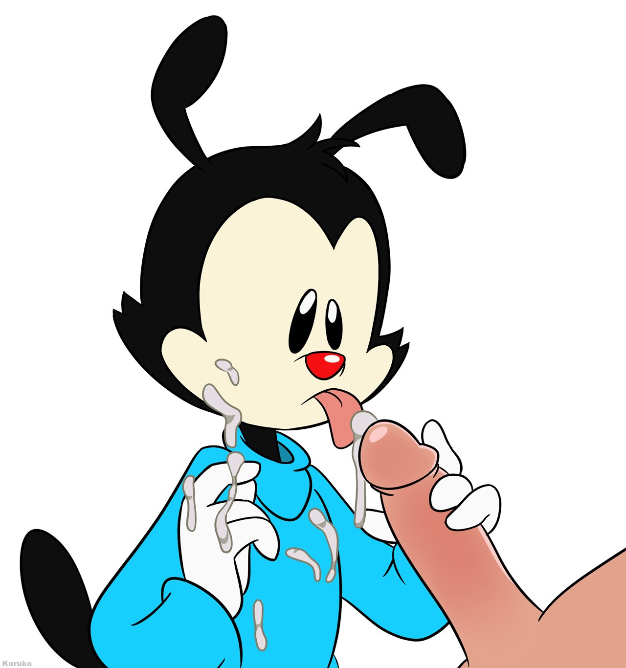 animaniacs animaniacs_(2020) anthro bodily_fluids cum cum_on_chest cum_on_face cum_on_penis duo genital_fluids genitals hi_res holding_penis hulu human humanoid_genitalia humanoid_penis inkblot kuruko licking male male/male mammal penis simple_background solo_focus tongue tongue_out wakko_warner warner_brothers white_background young