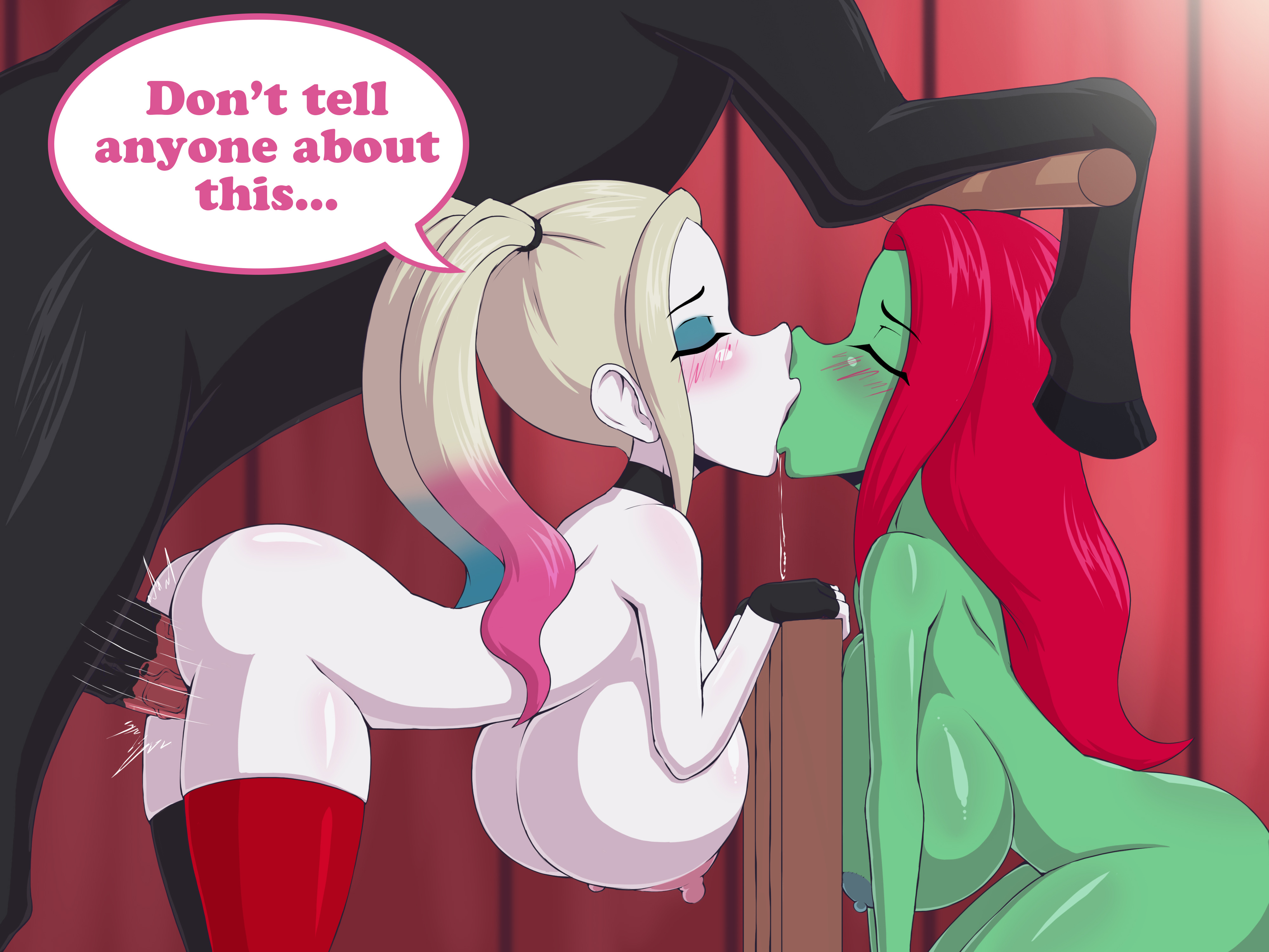 2d, 2girls, barn, begging, best friends, bestiality, big breasts, blonde hair, bosomancer, breasts, choker, closed eyes, clothing, dc, dc comics, female, footwear, green skin, green-skinned female, hair highlights, handwear, harley quinn, harley quinn (series), horse, horsecock, huge breasts, kissing, male, nipples, nude, pamela isley, penis, poison ivy, red hair, tongue kiss, zoophilia