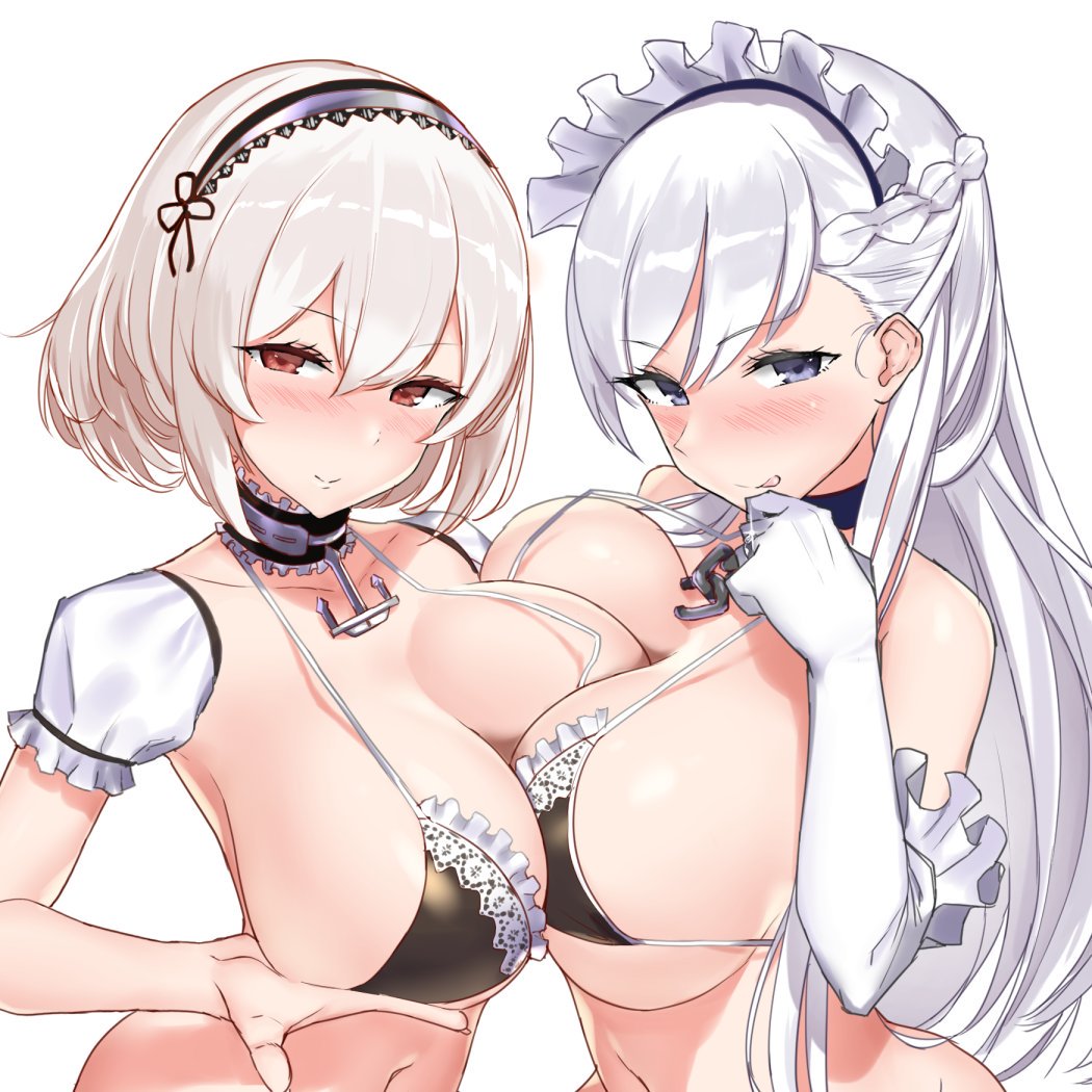 2girls anchor_choker azur_lane bare_shoulders belfast_(azur_lane) bikini black_bikini black_swimsuit blue_eyes blush bra breast_press breasts chains choker clavicle closed_mouth collar come_hither detached_sleeves elbow_gloves female female_focus female_only gloves horny jewelry lace lace-trimmed_bikini lace-trimmed_choker lace-trimmed_hairband lace_trim large_breasts looking_at_viewer maid maid_headdress maid_uniform multiple_girls nanae nude_female only_female puffy_sleeves red_eyes ring short_sleeves silver_hair simple_background sirius_(azur_lane) smile swimsuit symmetrical_docking take_your_pick tongue tongue_out underwear wedding_ring white_background white_gloves white_hair yuri