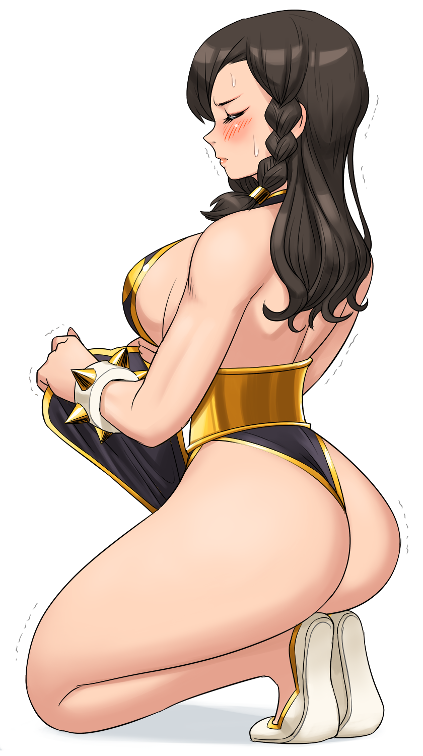 1girls alternate_costume blush braid brown_hair bubble_butt capcom chinese_clothes chun-li chun-li_(battle_ouffit_sfv) closed_eyes female huge_breasts kneeling large_breasts loincloth loincloth_lift long_hair shigenobu spiked_bracelet street_fighter thick_thighs voluptuous