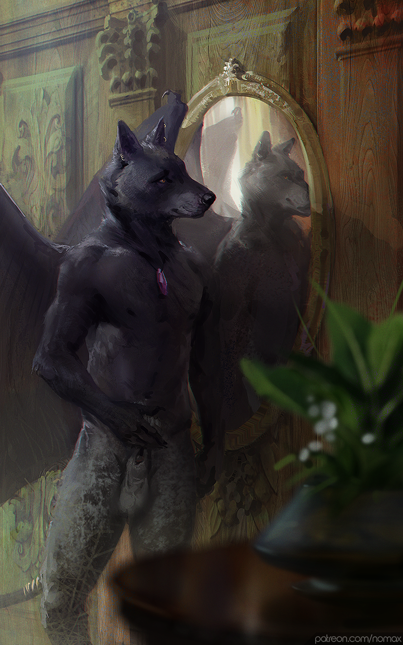 2020 anthro balls black_body black_fur black_nose canid canine canis detailed_background digital_media_(artwork) fur furry furry_only genitals hi_res hybrid male male_only mammal nomax nude painting_(artwork) solo wolf