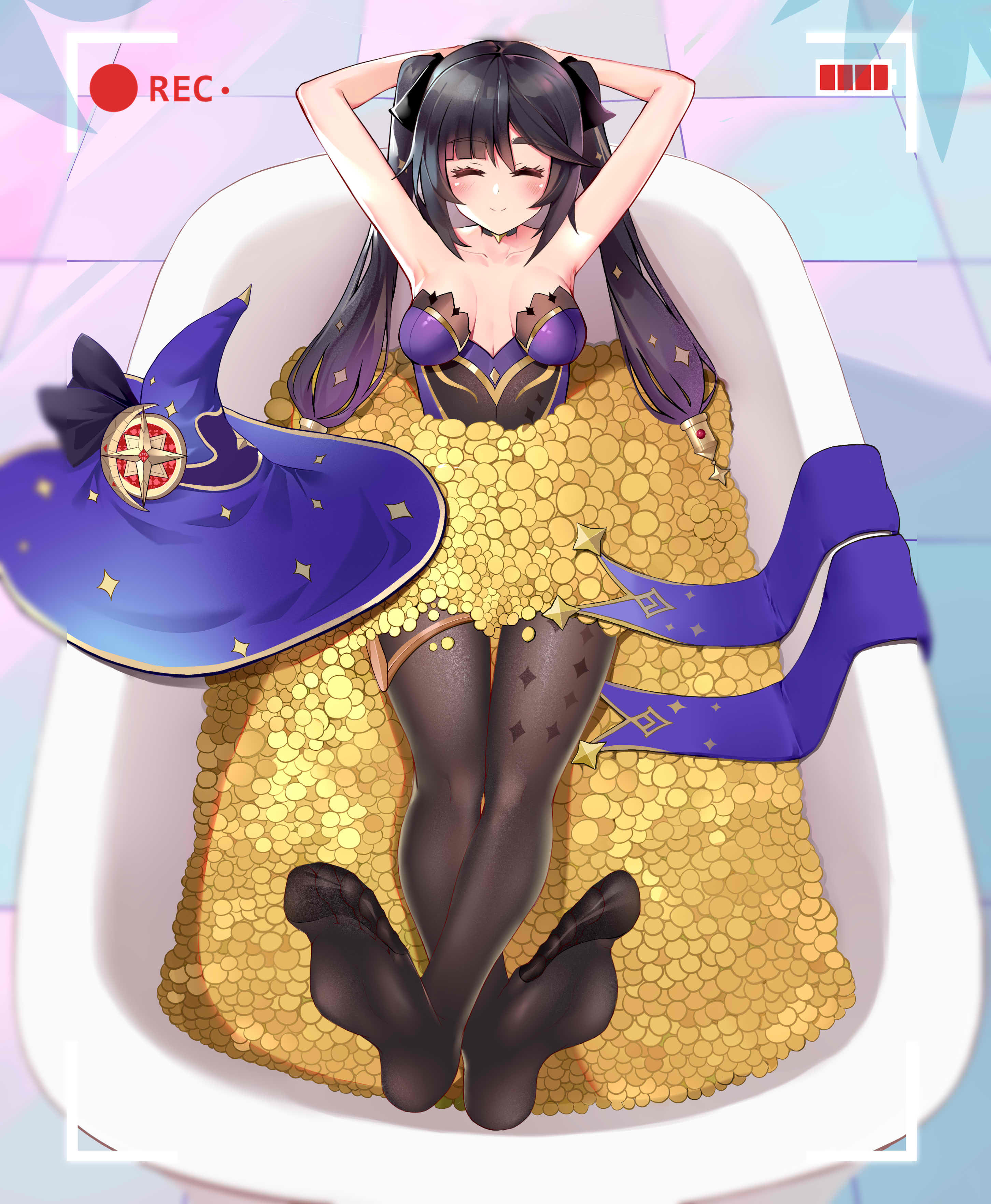 1girls, armpits, bath, bathroom, bathtub, blush, breasts, closed eyes, coin, feet, female, female only, genshin impact, happy, highres, lying, mona (genshin impact), money, money bath, pantyhose, recording, smile, soles, toes, video camera, witch hat