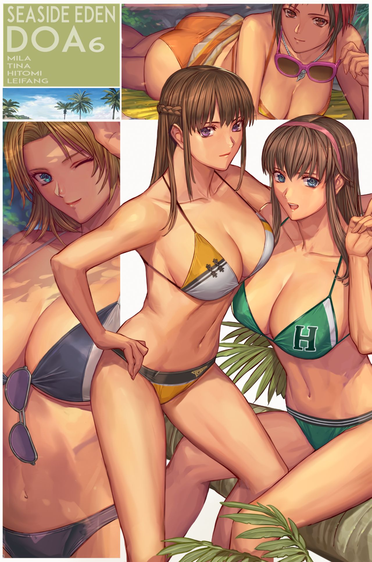 4girls bikini black_hair blonde_hair blue_eyes brown_hair dead_or_alive eyewear_removed hazel_eyes hitomi_(doa) huge_breasts ibanen large_breasts lei_fang long_ears mila_(doa) multicolored_hair multiple_girls necklace purple_eyes red_hair short_hair sunglasses sunglasses_removed tina_armstrong voluptuous wink