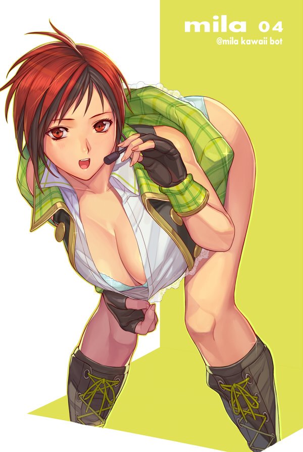 1girls, black hair, boots, breasts, cleavage, dead or alive, female, female only, fingerless gloves, hazel eyes, ibanen, large breasts, leaning forward, microphone, mila (doa), multicolored hair, panties, red hair, short hair, tecmo