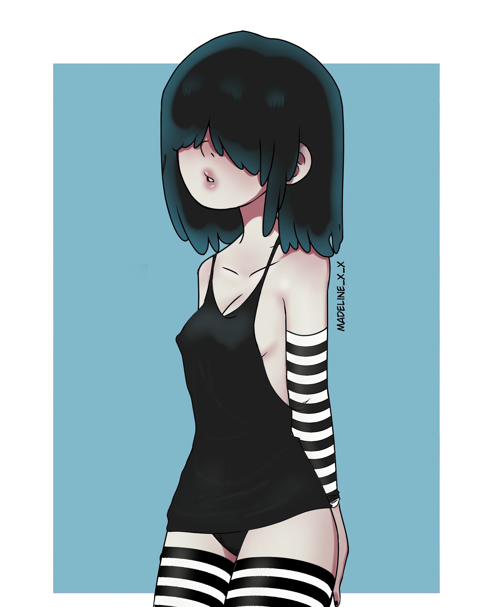 black hair, breasts, busty, female, female focus, female only, goth, hair over eyes, hourglass figure, light skin, light-skinned female, lucy loud, madeline x x, pale skin, pale-skinned female, pinup, pinup pose, pose, posing, solo, straight hair, tagme, the loud house, weird, wide hips