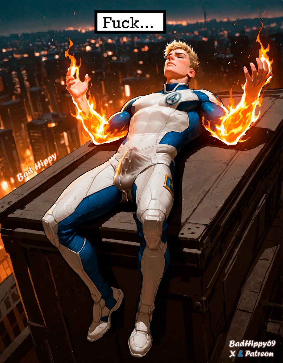 ai generated, badhippy69, blonde hair, blonde male, blonde-haired male, boner, boner in pants, boner under clothes, bulge, cum, cum through, cum through clothes, cum through clothing, cumming, cumming through clothing, erection, erection under clothes, erection under clothing, fantastic four, fantastic four: first steps, fire, gay, human torch, johnny storm, male, male only, marvel, marvel cinematic universe, marvel comics, muscular, muscular male