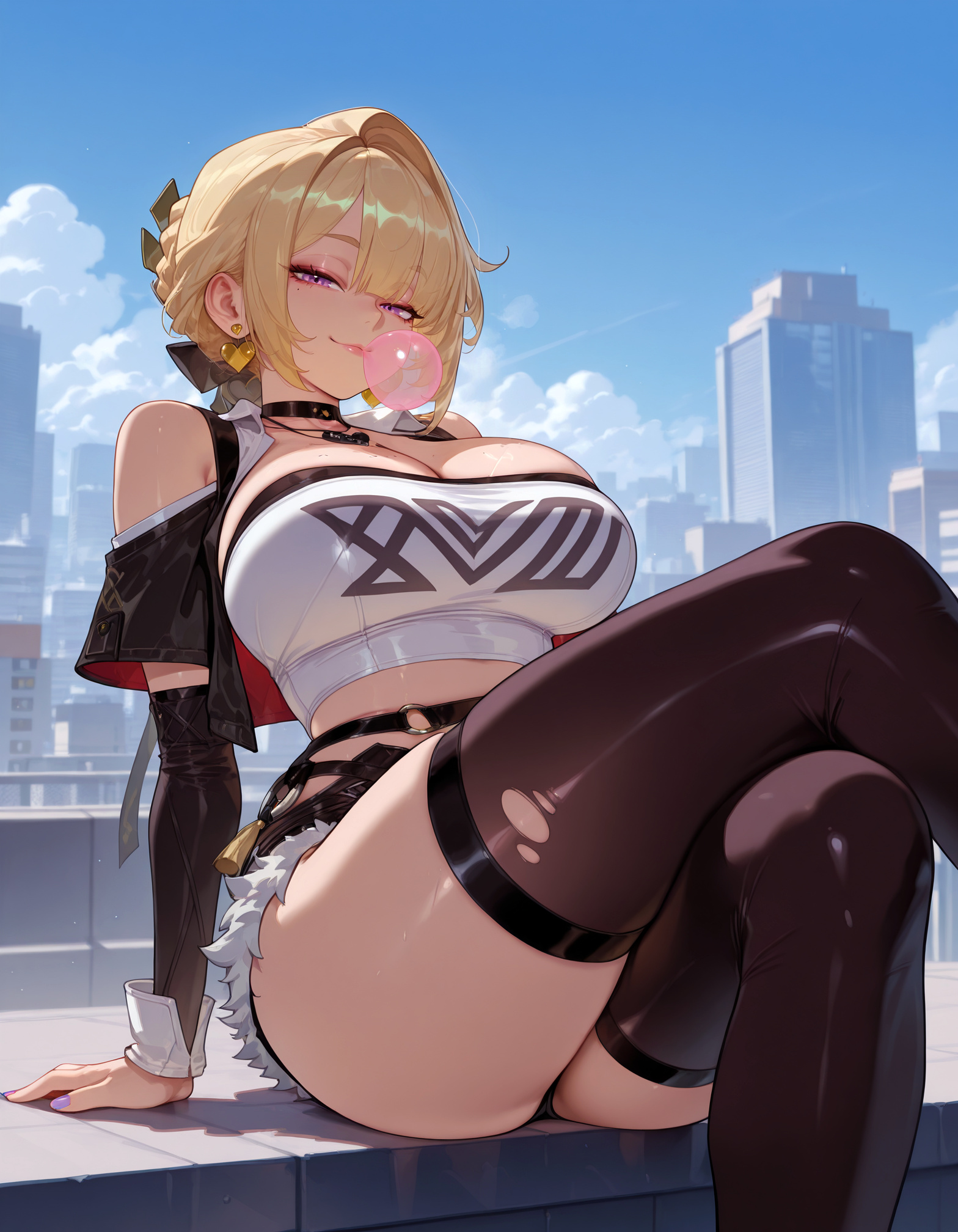 1girls, ai generated, arm support, balecxi, bangs, bare shoulders, belt, black choker, black clothes, black legwear, black shorts, black thighhighs, blonde hair, blue sky, blush, boots, breasts, bubble blowing, building, chewing gum, choker, city, cleavage, closed mouth, clothing, cloud, crop top, crossed legs, curvaceous, curvaceous female, curvaceous figure, curvy, curvy figure, cutoffs, day, denim, denim shorts, detached sleeves, earrings, evelyn chevalier, female, female focus, female only, footwear, gloves, hair ornament, holding, inviting, inviting to sex, jacket, jewelry, large breasts, legwear, looking at viewer, micro shorts, midriff, miniskirt, mole, nail polish, navel, necklace, nicole demara (cosplay), off shoulder, outdoors, piercing, presenting, presenting ass, presenting breasts, presenting hindquarters, presenting self, purple eyes, purple nails, seductive, seductive look, seductive smile, shirt, shoes, short hair, short shorts, shorts, sitting, skindentation, skirt, sky, smile, solo, strapless, thick thighs, thighhighs, thighs, torn clothes, torn thighhighs, tube top, underwear, voluptuous, voluptuous female, white shirt, zenless zone zero