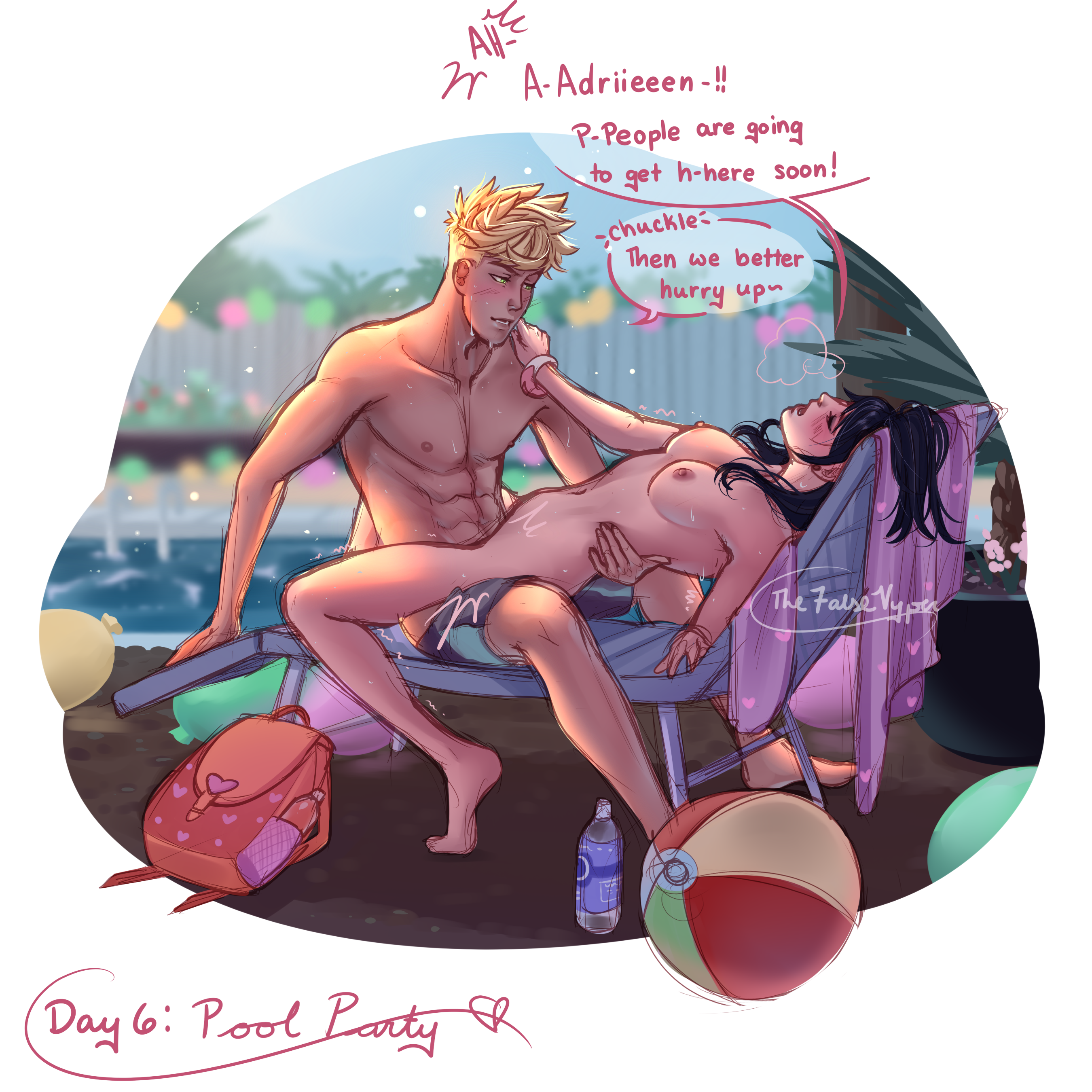 1boy, 1girls, abs, adrien agreste, areola, areolae, big breasts, black hair, blonde female, blonde hair, breasts, clothed male nude female, clothed sex, female, female focus, female penetrated, light skin, light-skinned female, light-skinned male, male, male/female, marinette cheng, marinette dupain-cheng, miraculous ladybug, naked, nude, nude female, party, penetration, pool, pussy, sex, shorts, shorts down, thefalsevyper, unseen penetration, vaginal penetration, vaginal sex