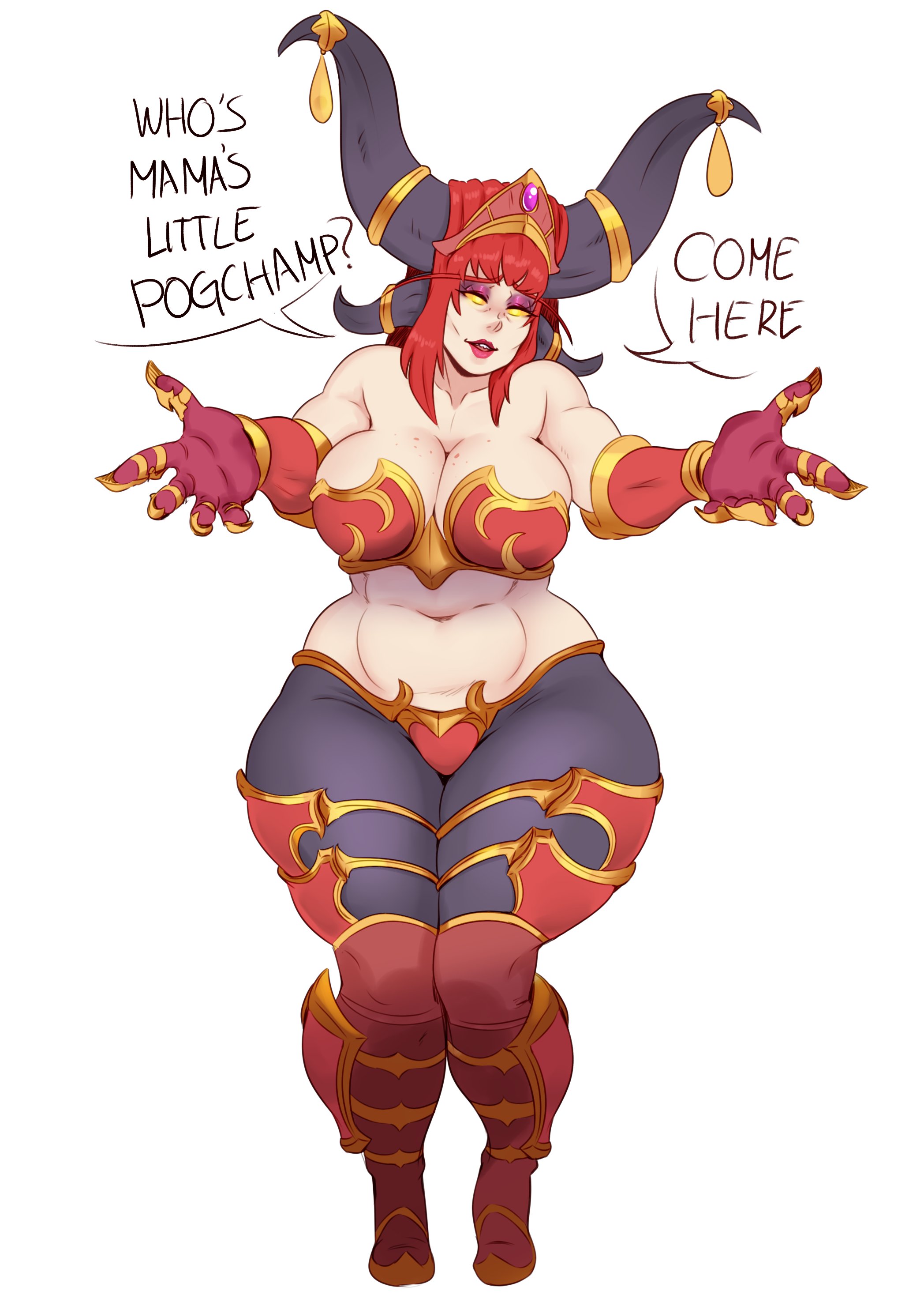 1girls, alexstrasza, armor, bare midriff, big breasts, blizzard entertainment, breast freckles, breastplate, breasts, cheekbones, cleavage, crotch plate, dragon, dragon aspect, female, female only, freckles, freckles on breasts, freckles on chest, gauntlets, glowing eyes, heroes of the storm, horns, hourglass figure, huge breasts, jewelry, large breasts, lipstick, meme, midriff, milf, my little pogchamp (meme), open arms, plump, red hair, slightly chubby, solo, speech bubble, stomach, sunnysundown, text, thick thighs, thunder thighs, voluptuous, wide hips, world of warcraft, yellow eyes