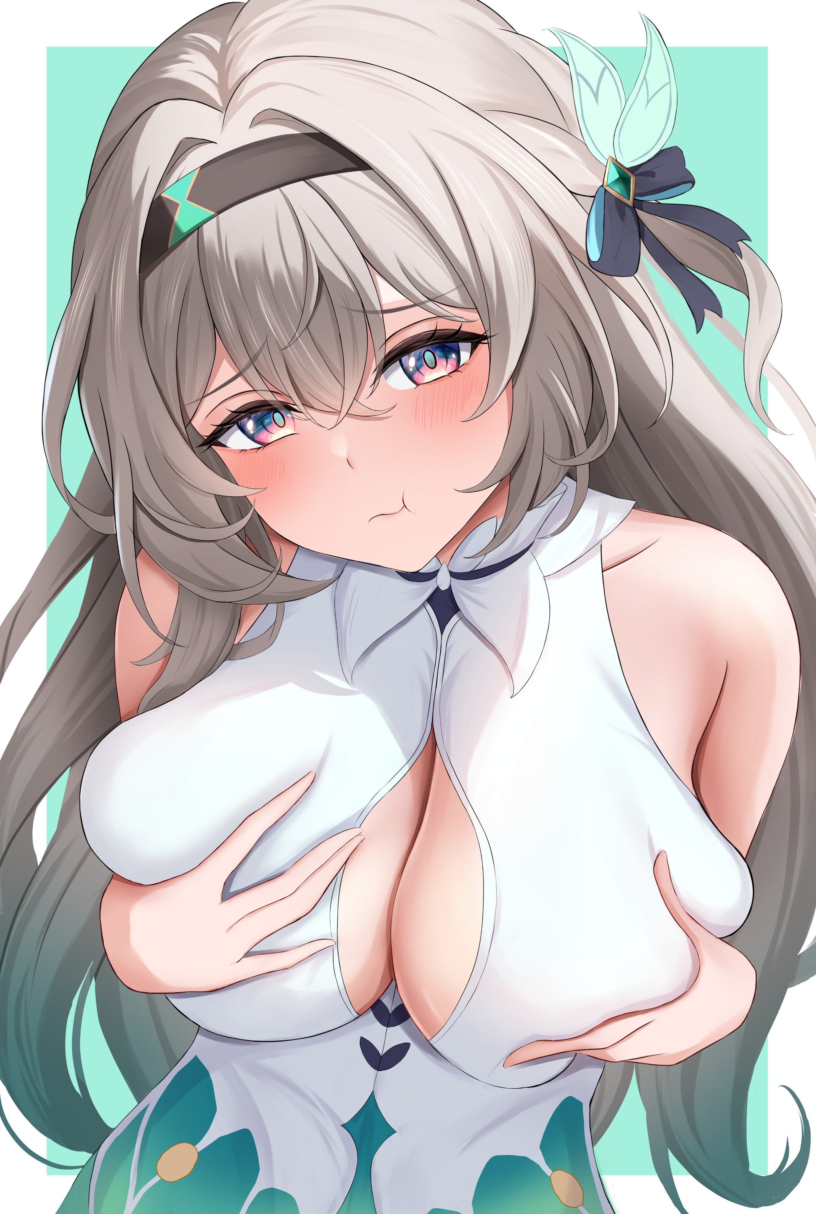 adapted costume, alternate breast size, blush, breasts, cleavage cutout, embarrassed, female, firefly (honkai: star rail), grabbing own breast, groping self, honkai: star rail, huge breasts, looking at viewer, pout, shouhaku0512, unamused, upper body