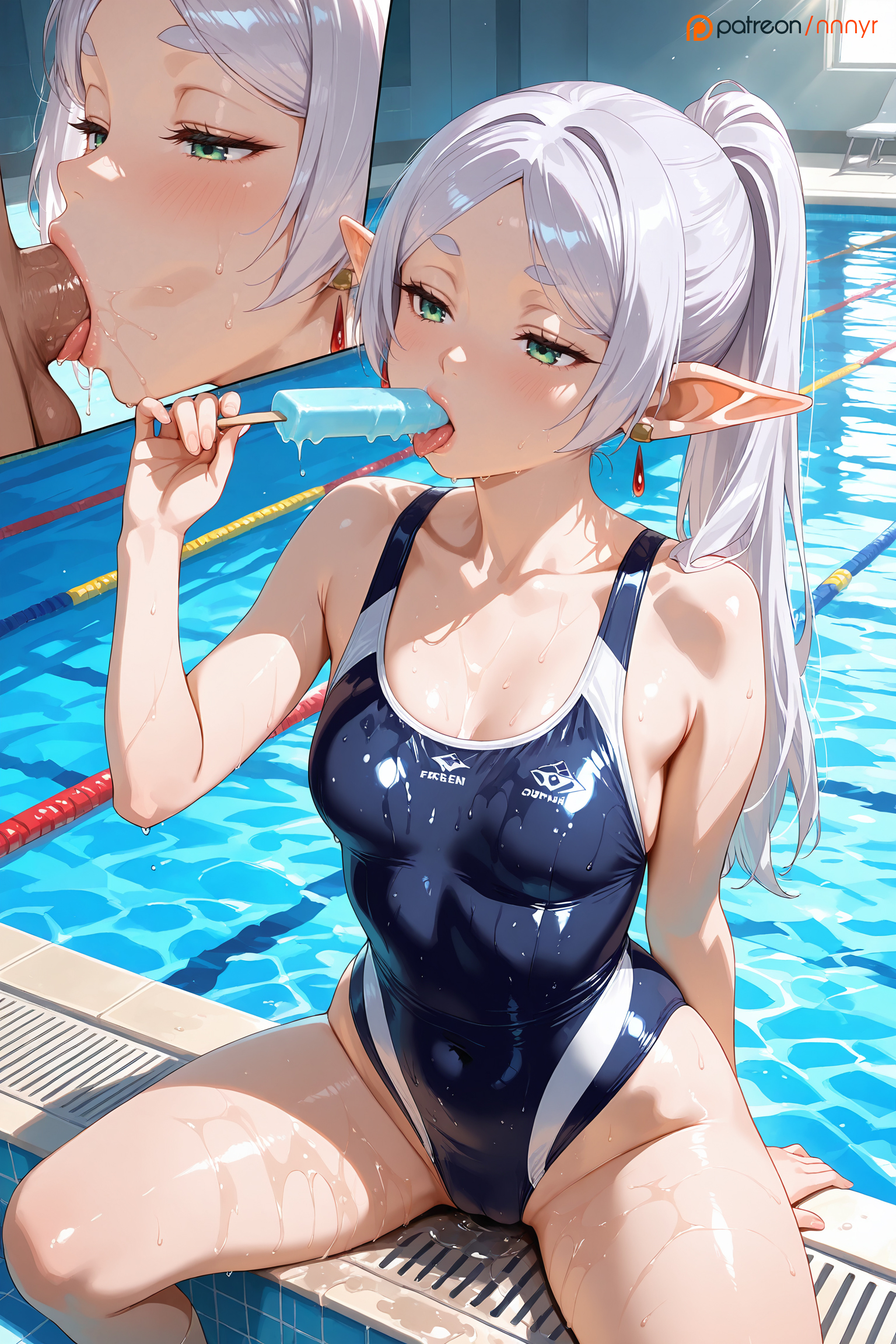 1girls, absurd res, absurd resolution, absurdres, ai generated, blowjob, blowjob face, blush, breasts, elf, elf ears, elf female, elf girl, fellatio, female, female focus, frieren, green eyes, half-closed eyes, hi res, high quality, high resolution, highres, long hair, male, nnnyr, penis, pointy ears, ponytail, popsicle, popsicle in mouth, pussy, sitting, small breasts, solo, solo female, solo focus, sousou no frieren, spread legs, stable diffusion, sucking, sucking penis, sucking popsicle, swimming pool, swimsuit, tail, thinking, tight clothes, tight clothing, tongue, tongue out, tongue out blowjob, water, wet, wet body, wet clothes, wet clothing, wet pussy, wet skin, white hair