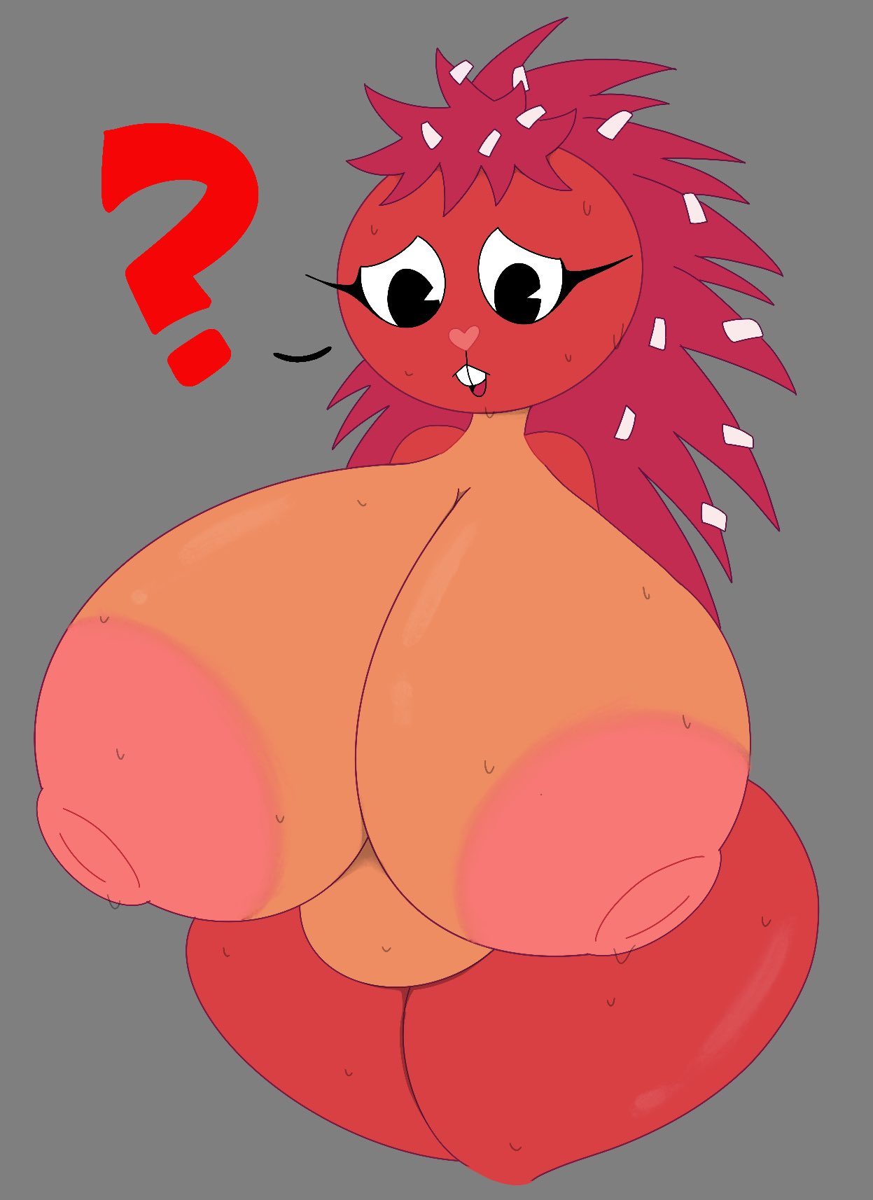 ?, anthro female, areola, areolae, big breasts, breasts, curvy, curvy female, curvy figure, female, flaky (htf), fur, giant breasts, happy tree friends, hyper breasts, mammal, nude anthro, one color background, pink nipples, porcupine, rodent, simple background, theslashfive, twitter username, voluptuous female