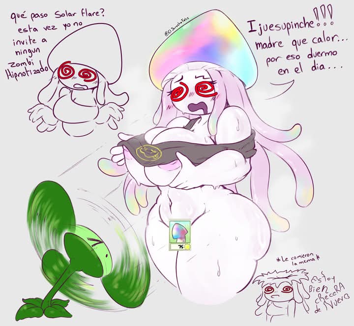 areola slip, areolae, blover (pvz), blush, bottomless, breasts, clover, eljarochofeliz, fan, female, fungi humanoid, grabbing ass, hat, hypno-shroom (pvz), large breasts, lifting shirt, mushroom girl, mushroom humanoid, navel, nipple slip, nude, nude female, pink skin, plants vs zombies, sweat, sweatdrop, sweating, tentacle hair, wide hips