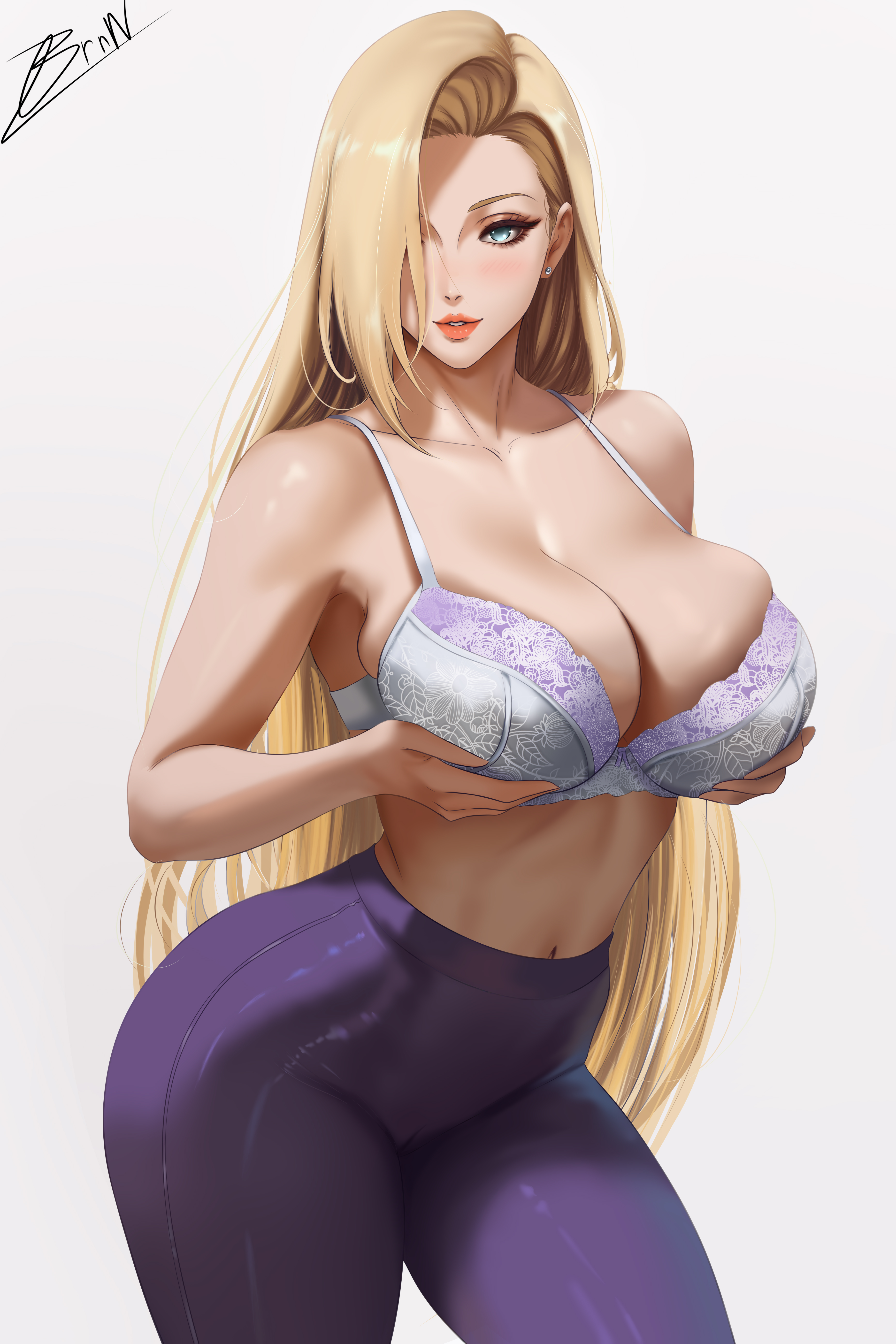 1girls, artist signature, ass, athletic, athletic female, big ass, big breasts, blonde hair, blouse, blue eyes, bra, breast hold, breasts, breasts bigger than head, brnn, child bearing hips, cleavage, female, female focus, female only, hands behind head, hi res, high resolution, highres, holding breasts, huge ass, huge breasts, ino yamanaka, large ass, large breasts, leggings, light skin, light-skinned female, lipstick, long hair, makeup, naruto, naruto (series), naruto: the last, parted lips, partially clothed, pinup, plain background, presenting, presenting breasts, purple pants, red lipstick, sfw, simple background, smile, solo, tight clothing, tight pants, toned, toned female, topless, topless female, uncensored, underboob, very long hair, voluptuous, watermark, white background, white skin, white topwear, workout clothes, yoga pants