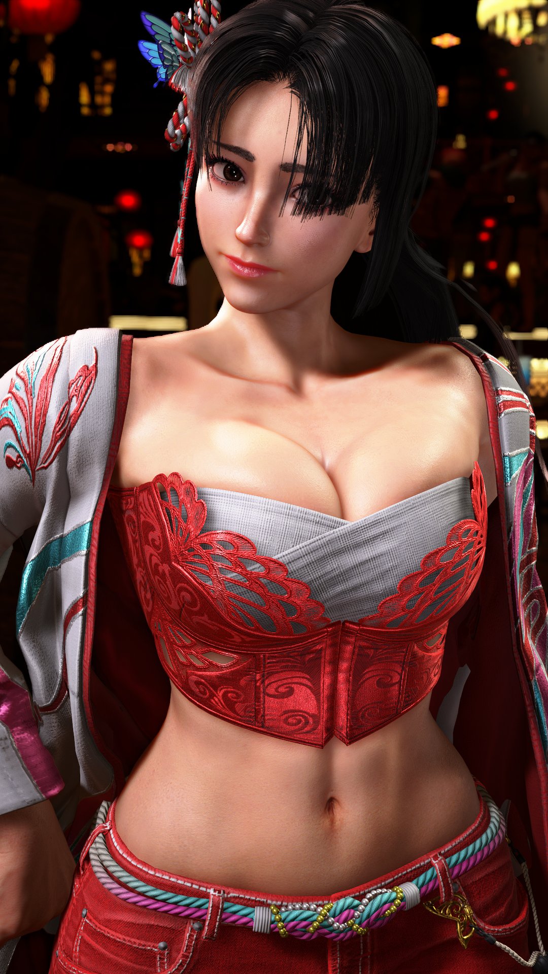 1girls, 3d, black hair, breasts, bustier, cleavage, fatal fury, female, female focus, female only, game screenshot, large breasts, long hair, looking at viewer, mai shiranui, mai shiranui (street fighter 6), official alternate costume, ponytail, red bustier, red pants, sf screenshot, snk, solo, street fighter, street fighter 6