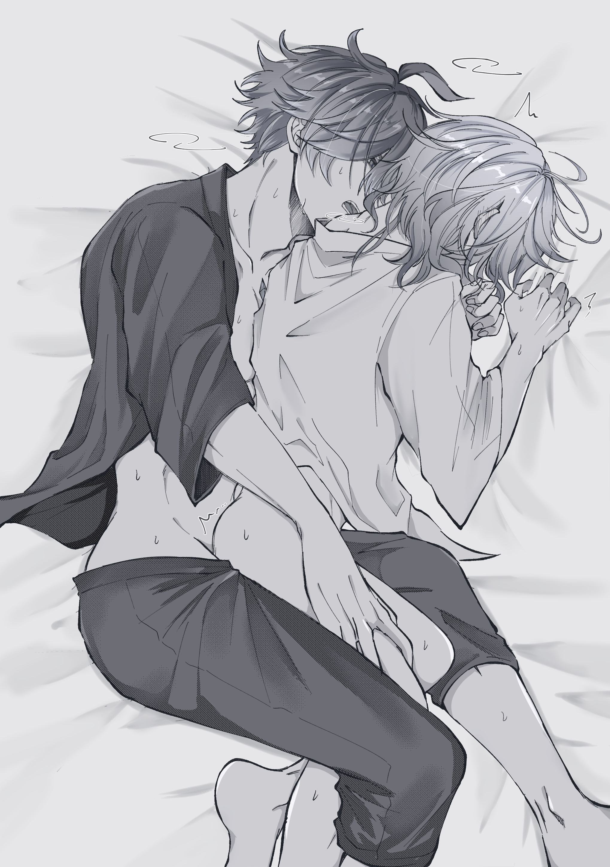 2boys, alhaitham (genshin impact), anal, anal sex, gay, genshin impact, kaveh (genshin impact), male, male only, monochrome, yaoi